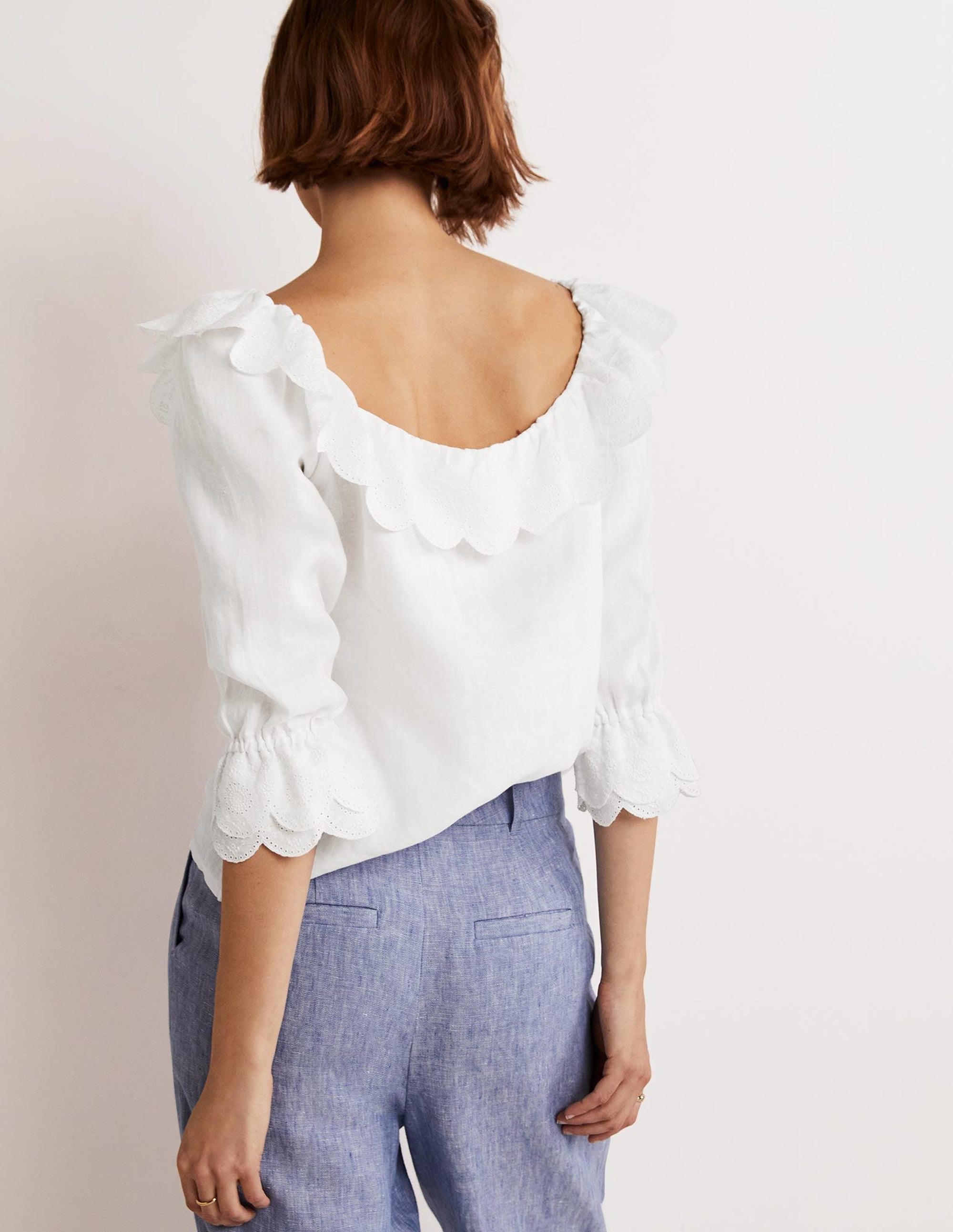 Square Neck Frill Linen Blouse-White - Image 3