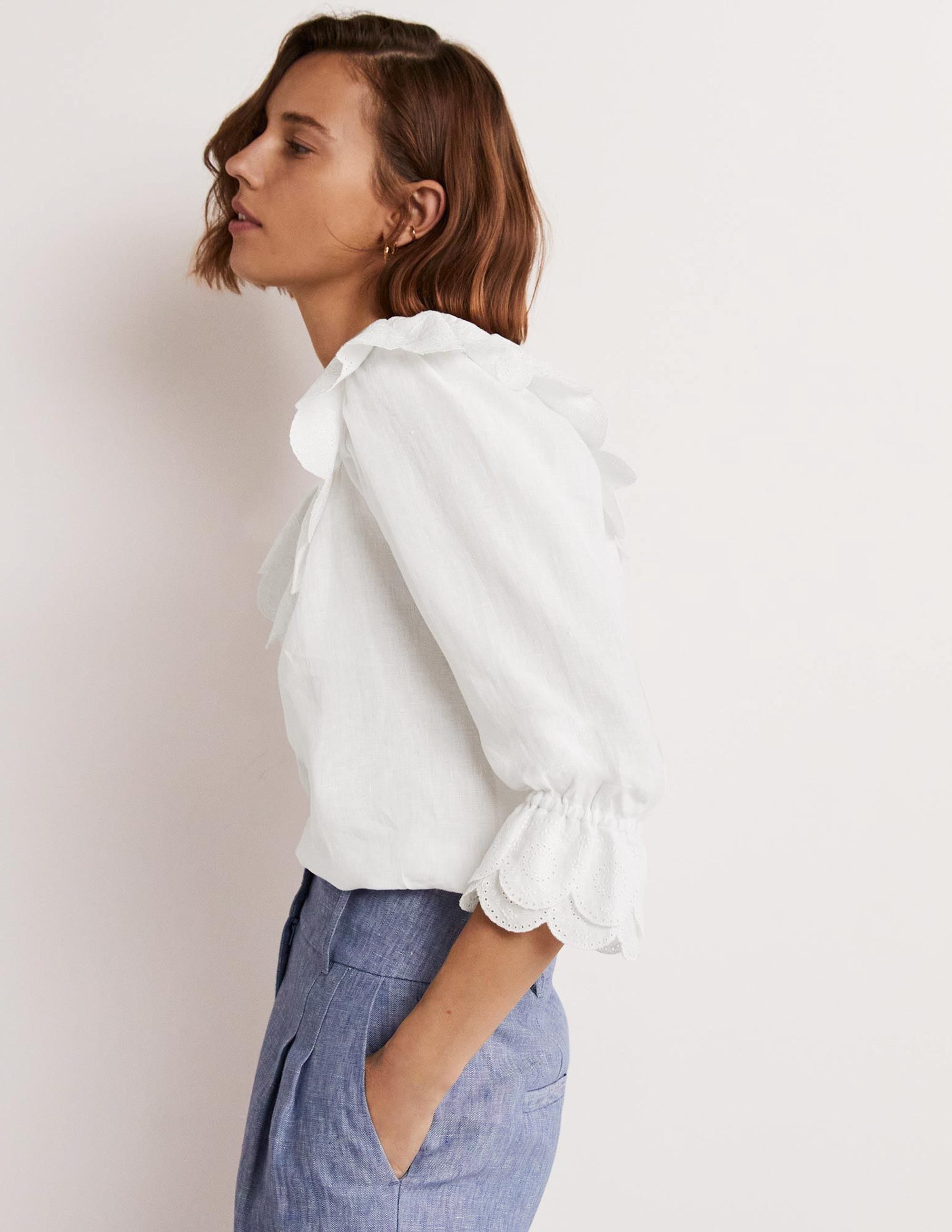 Square Neck Frill Linen Blouse-White - Image 4