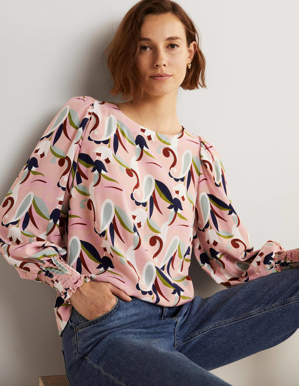 Smocked Cuff Top-Milkshake, Paisley Meadow-7