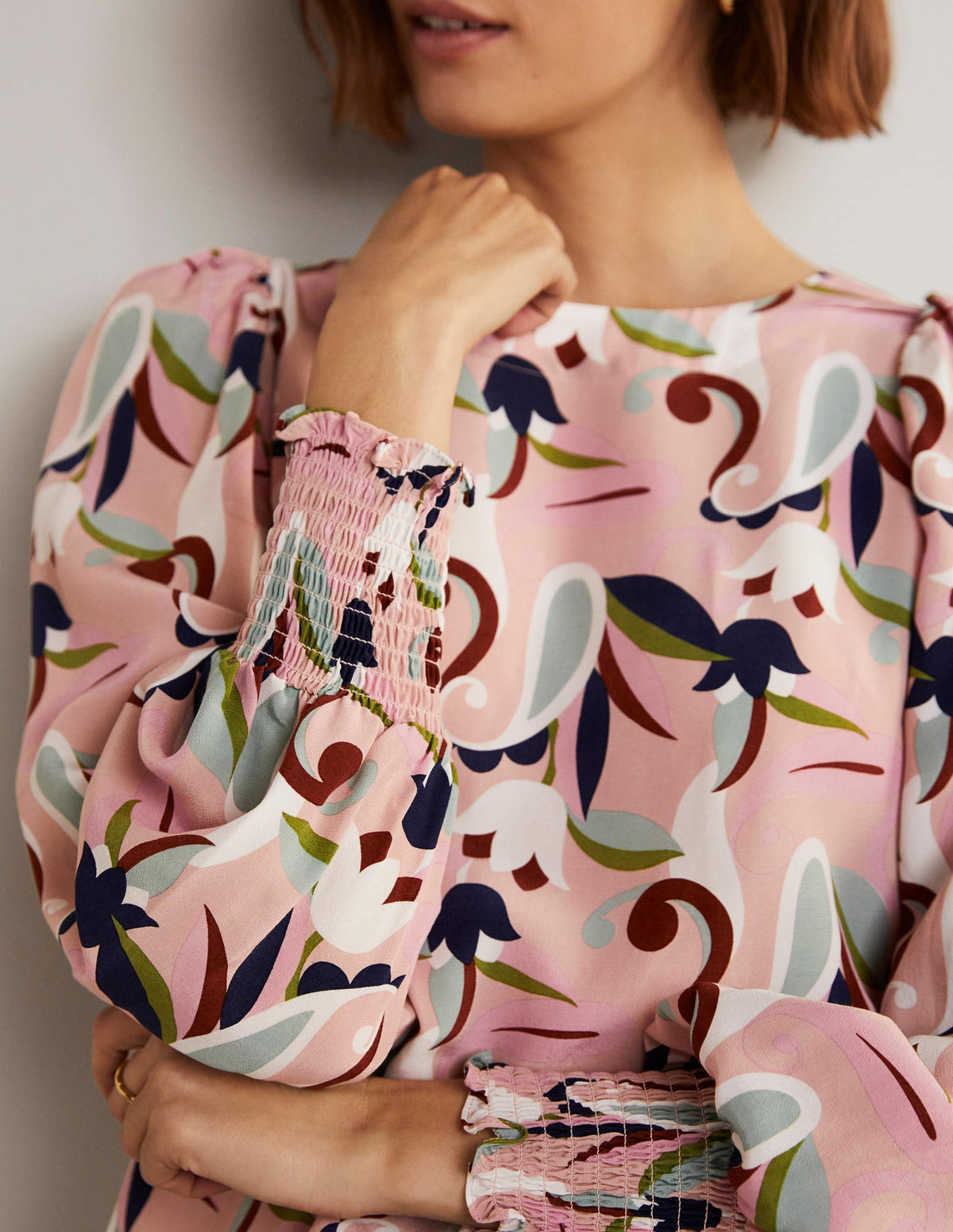 Smocked Cuff Top-Milkshake, Paisley Meadow-11