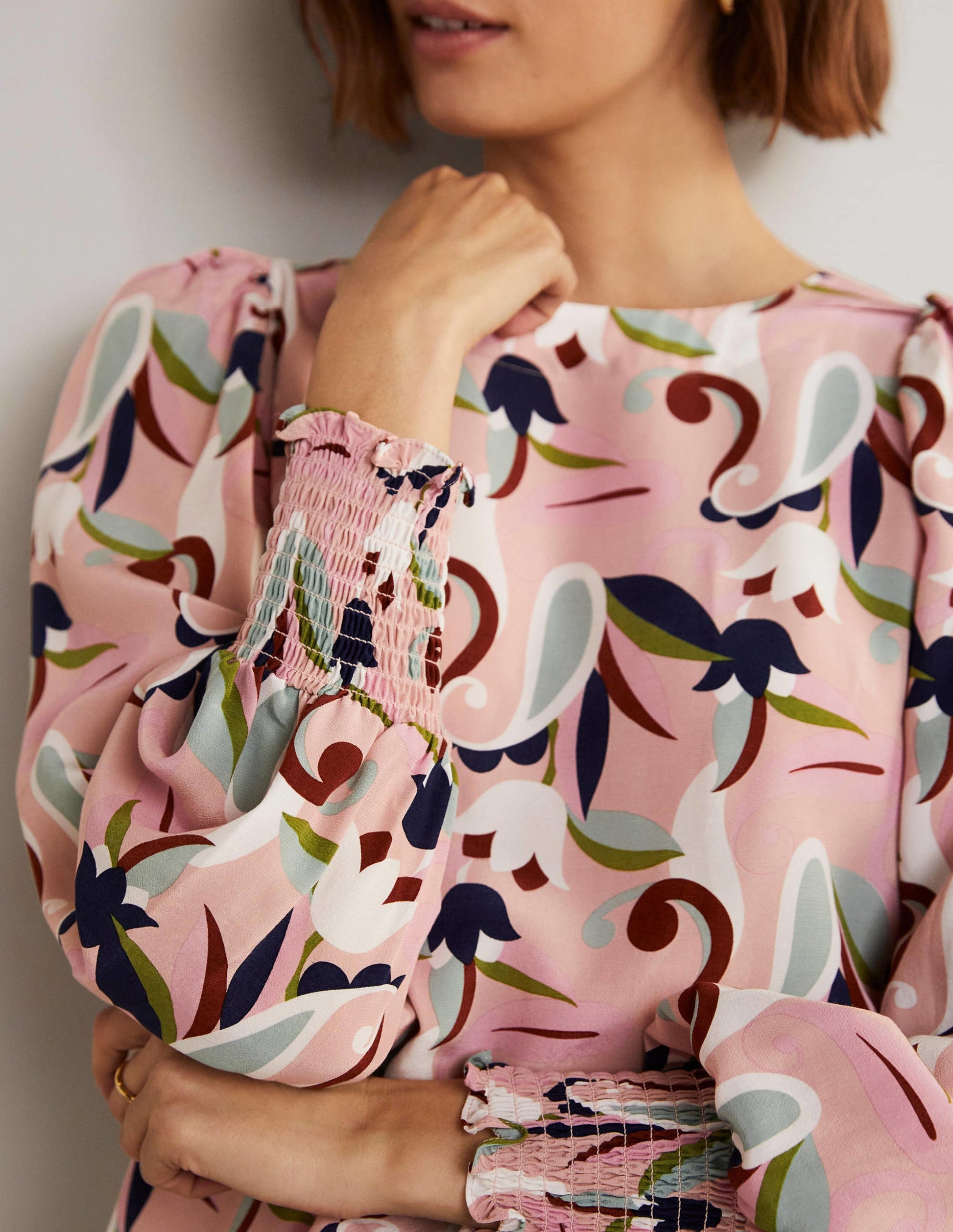 Smocked Cuff Top-Milkshake, Paisley Meadow-5