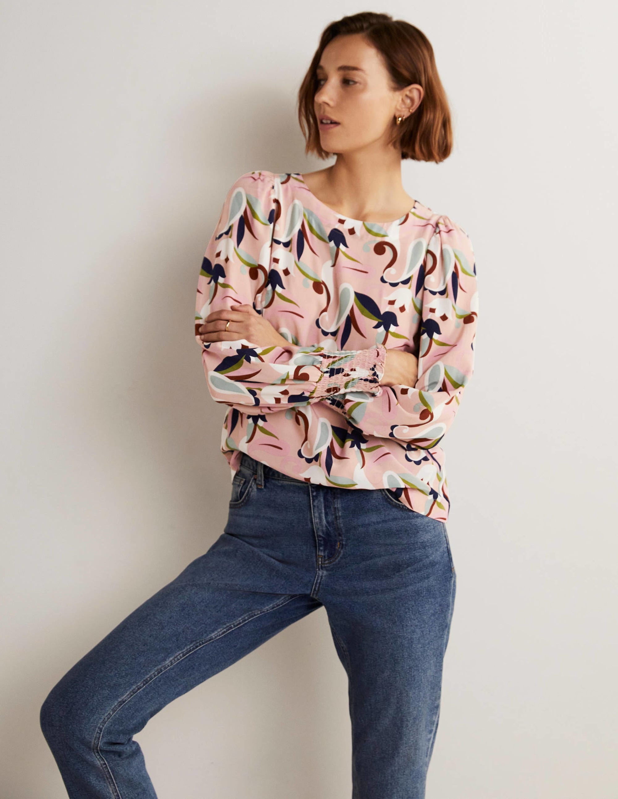 Smocked Cuff Top-Milkshake, Paisley Meadow - Image 6
