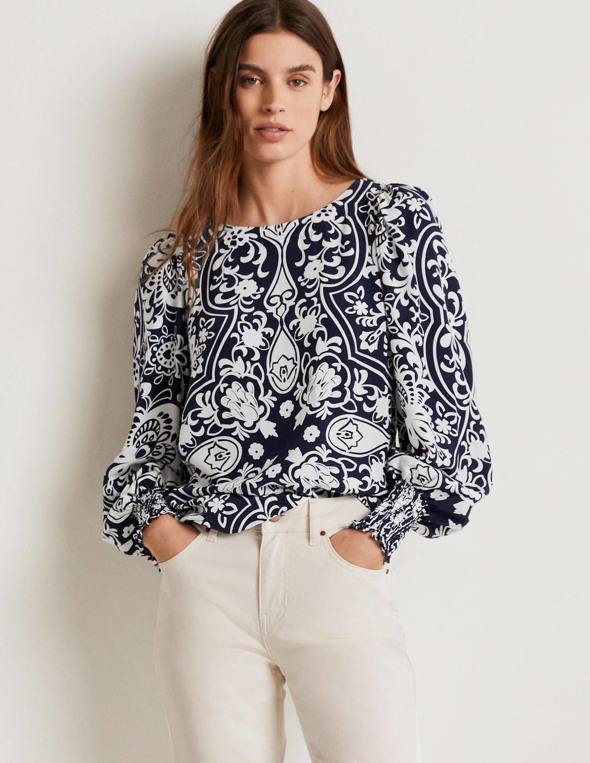 Smocked Cuff Top-French Navy, Ornate Garden - Image 5