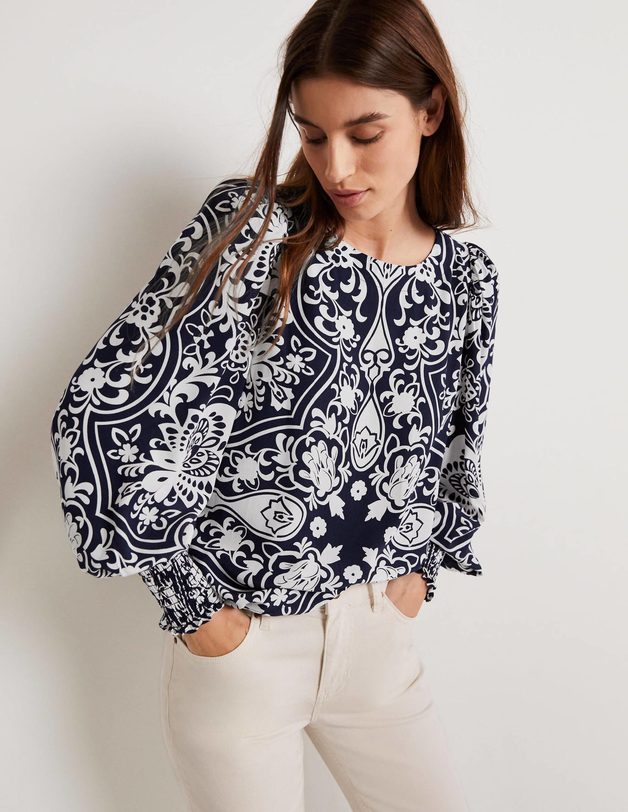 Smocked Cuff Top-French Navy, Ornate Garden - Image 8