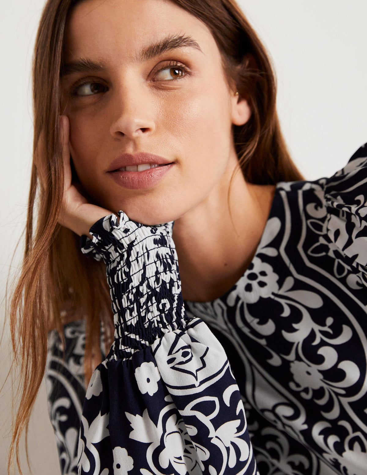 Smocked Cuff Top-French Navy, Ornate Garden - Image 2