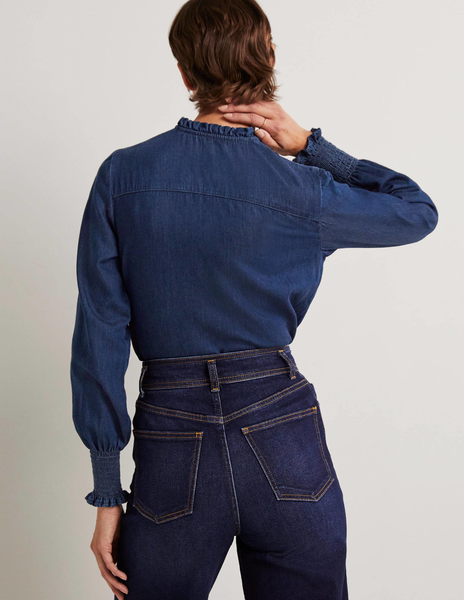 Smocked High Neck Shirt-Denim-3