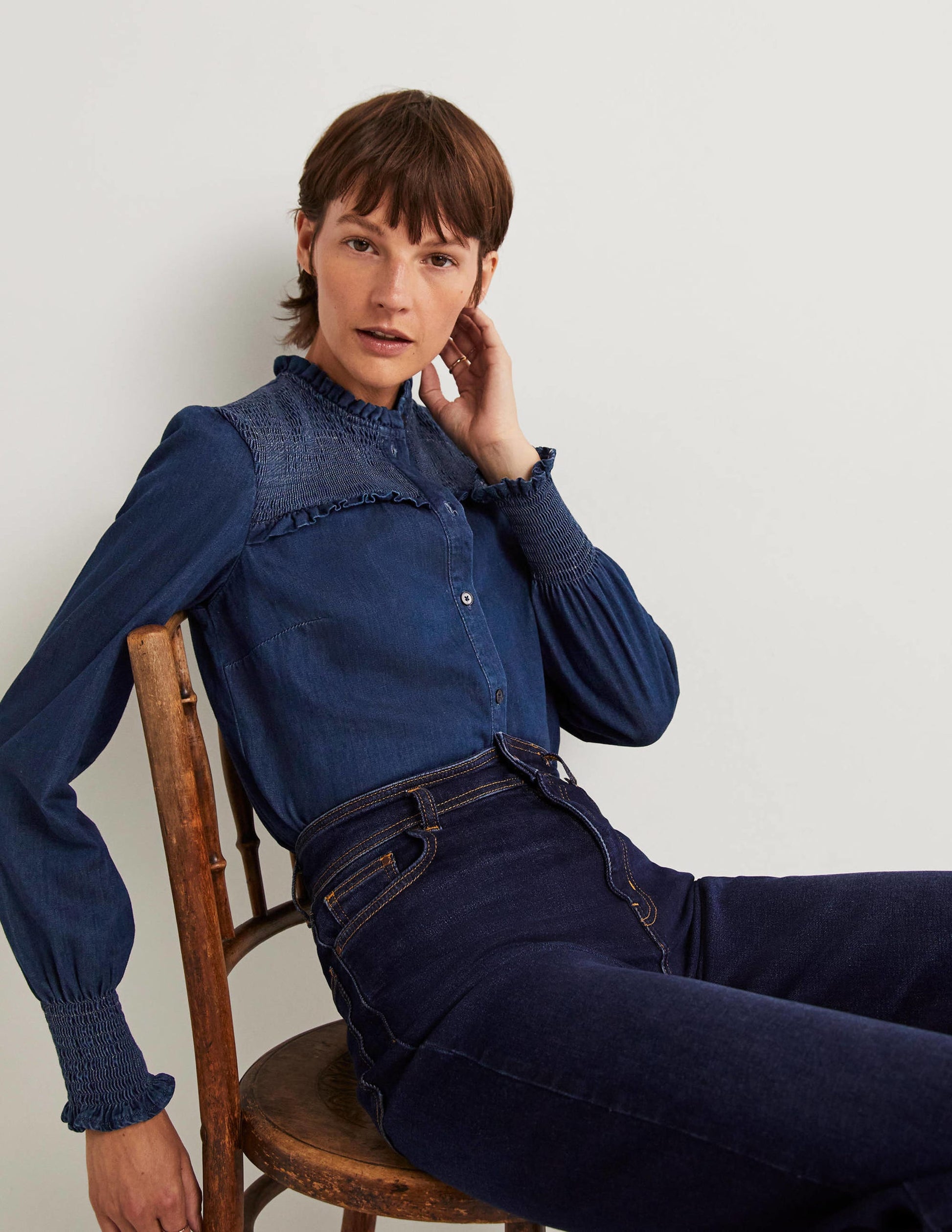 Smocked High Neck Shirt-Denim-4