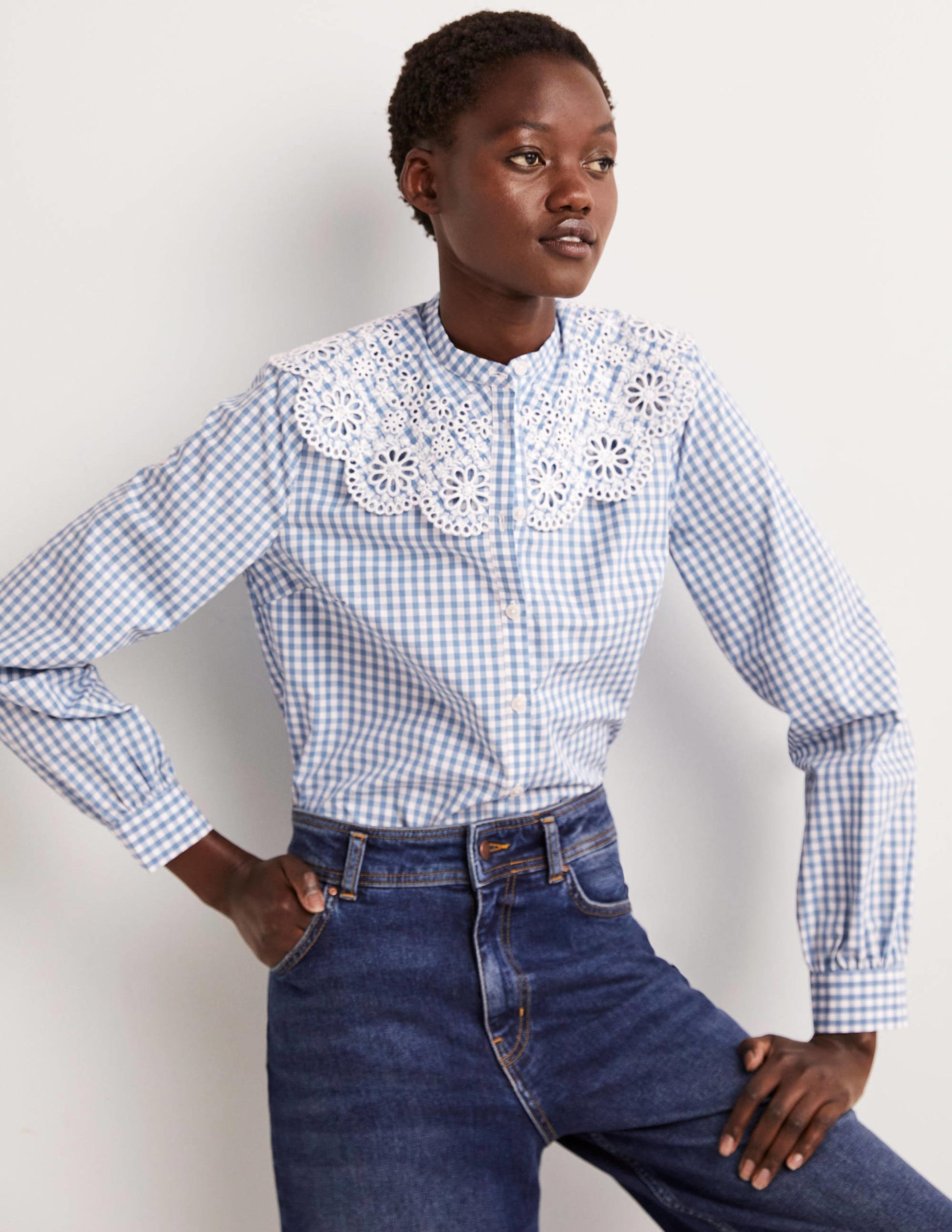 Broderie Collar Shirt-Blue, Gingham-1