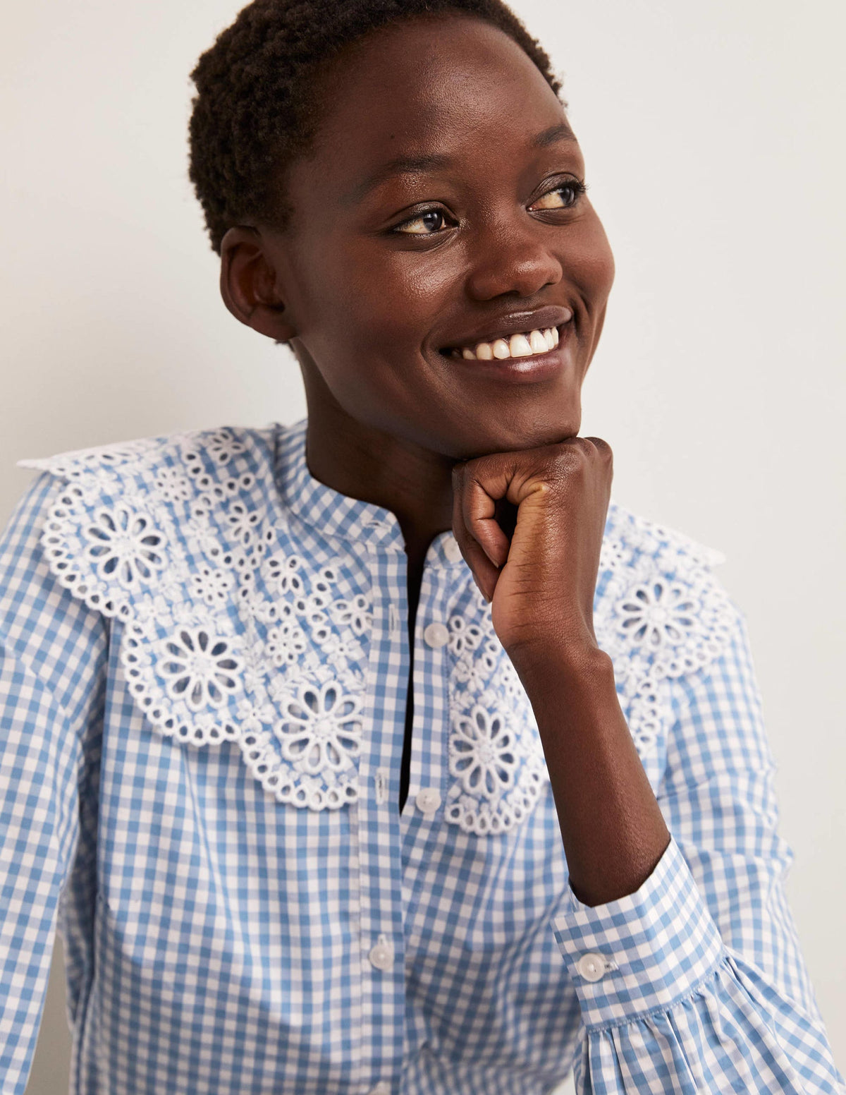 Broderie Collar Shirt-Blue, Gingham-2