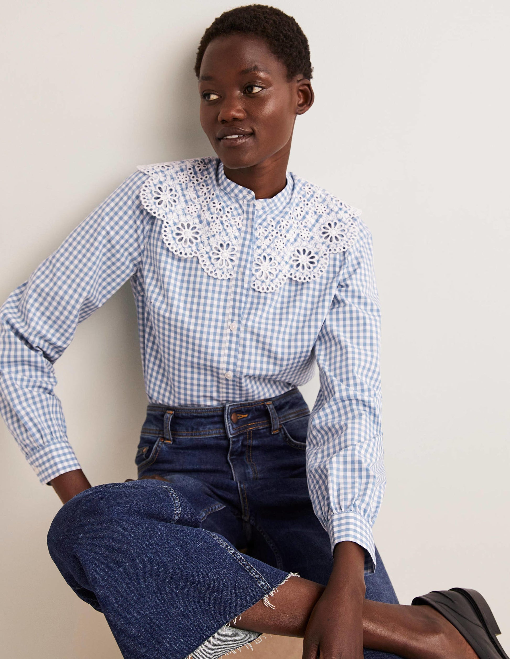 Broderie Collar Shirt-Blue, Gingham-4