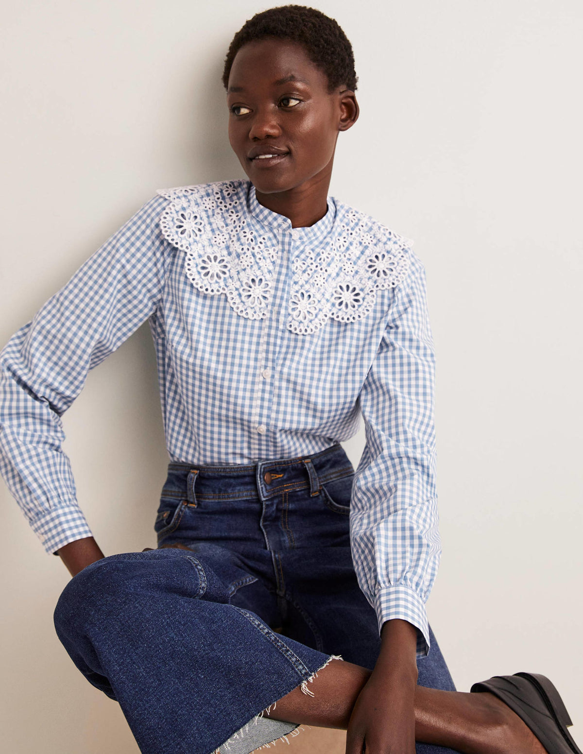 Broderie Collar Shirt-Blue, Gingham - Image 4