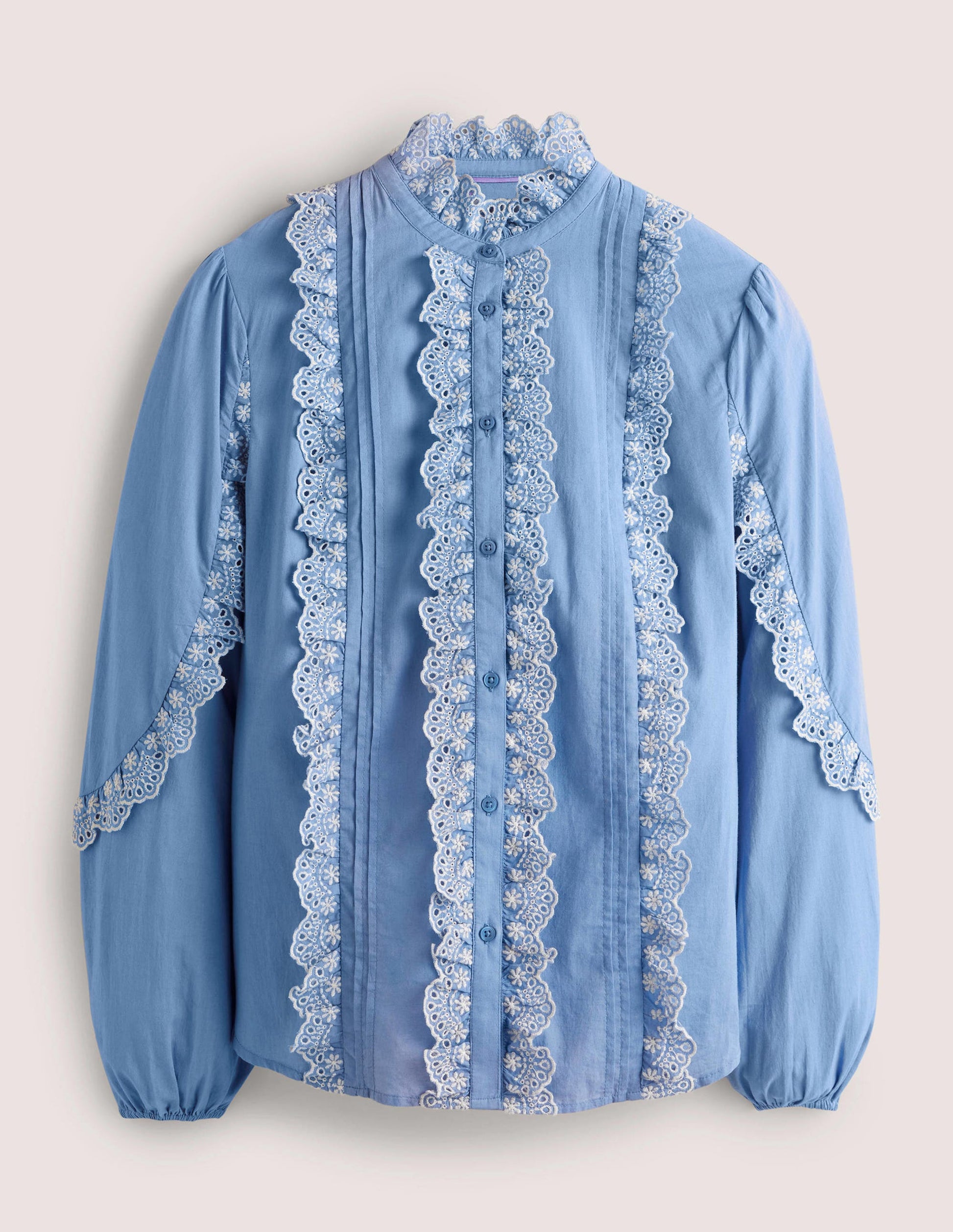 Ruffle Sleeve Broderie Blouse-Riviera Blue-7