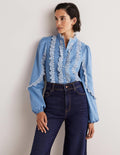 Ruffle Sleeve Broderie Blouse-Riviera Blue