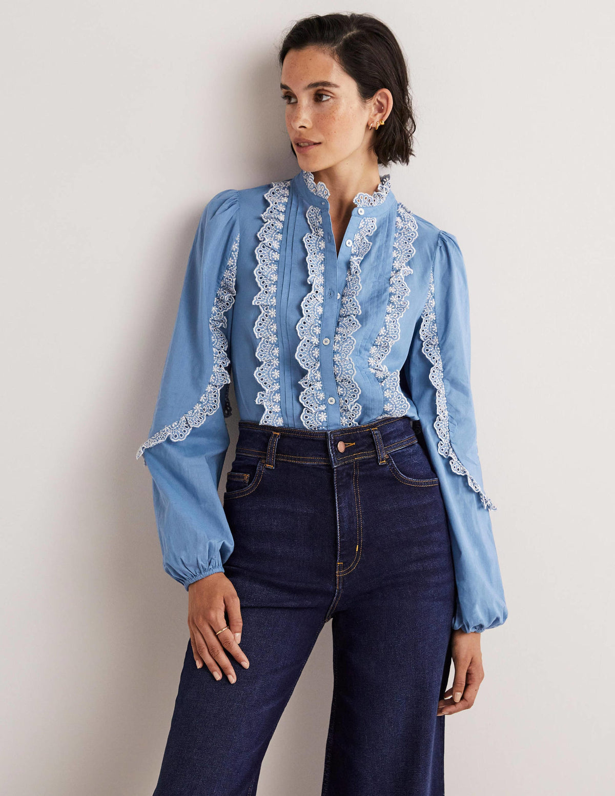 Ruffle Sleeve Broderie Blouse-Riviera Blue - Image 1