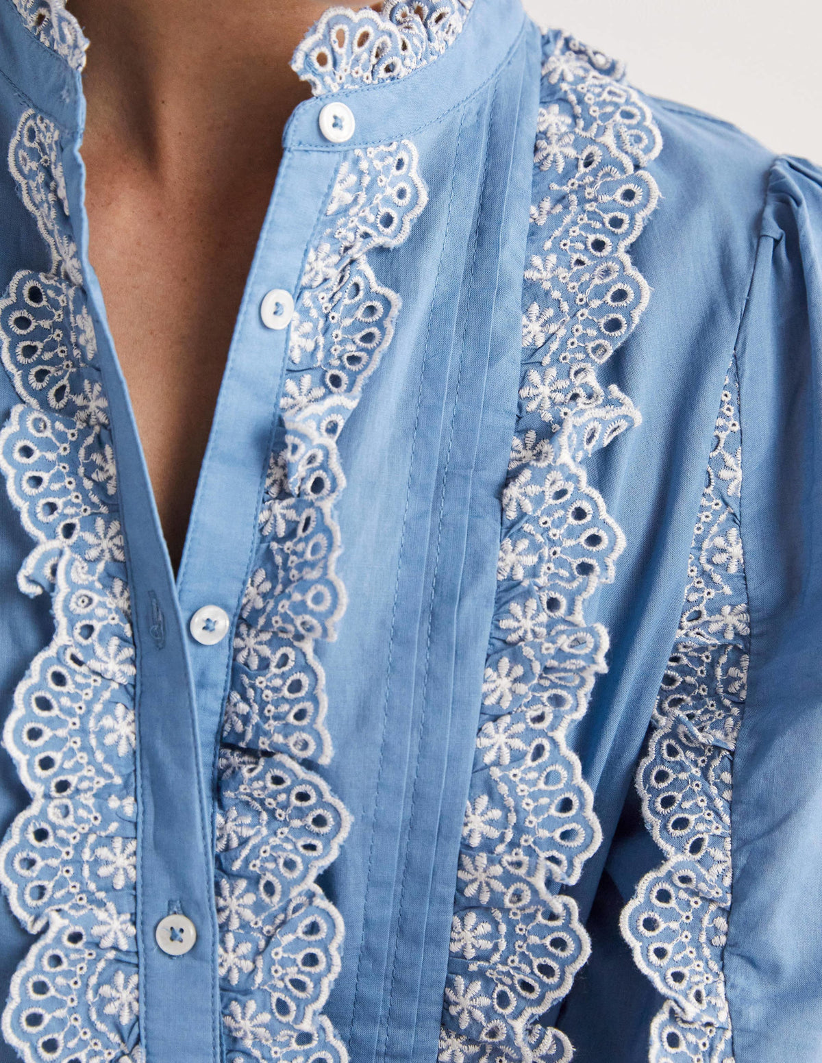 Ruffle Sleeve Broderie Blouse-Riviera Blue - Image 2