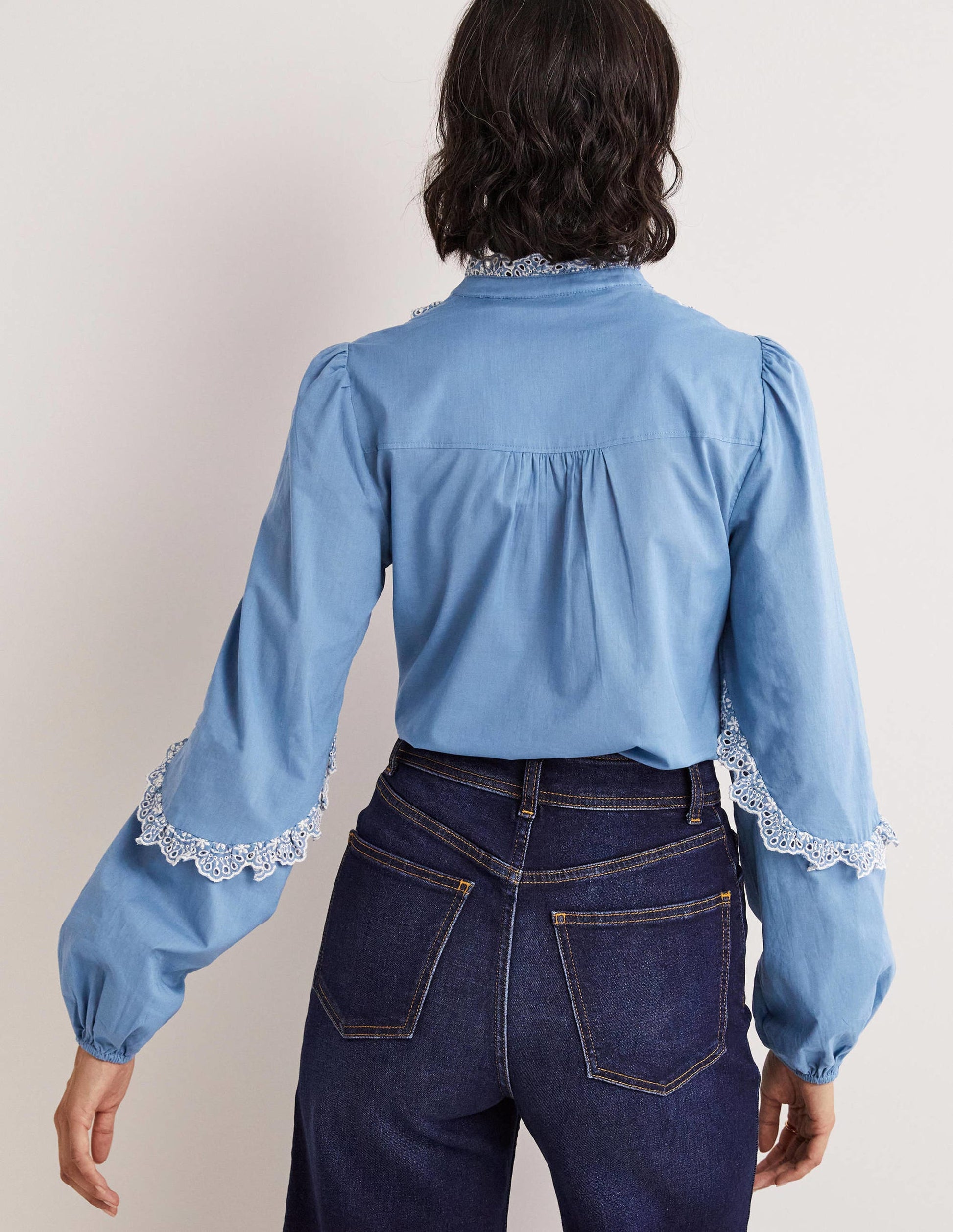 Ruffle Sleeve Broderie Blouse-Riviera Blue-3