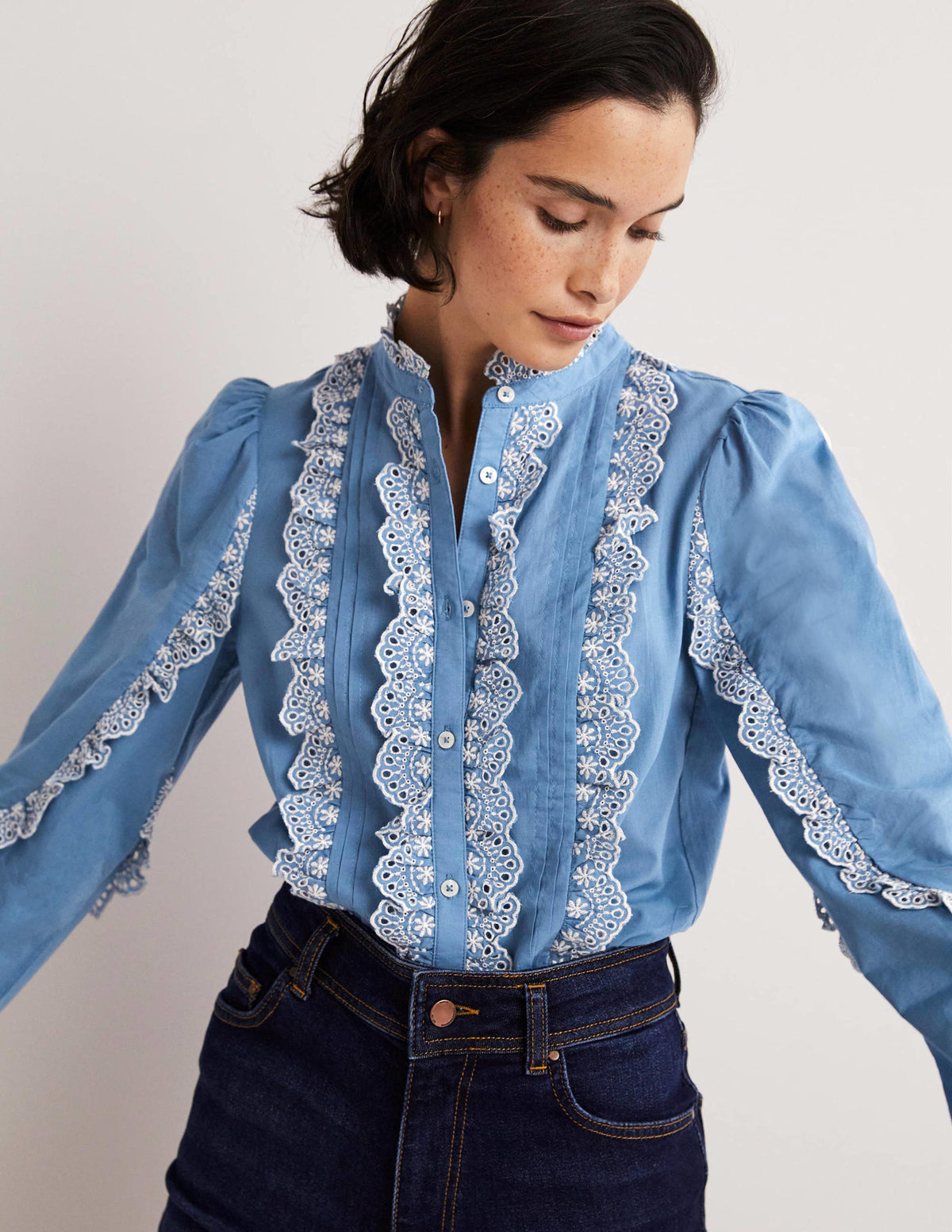 Ruffle Sleeve Broderie Blouse-Riviera Blue - Image 4