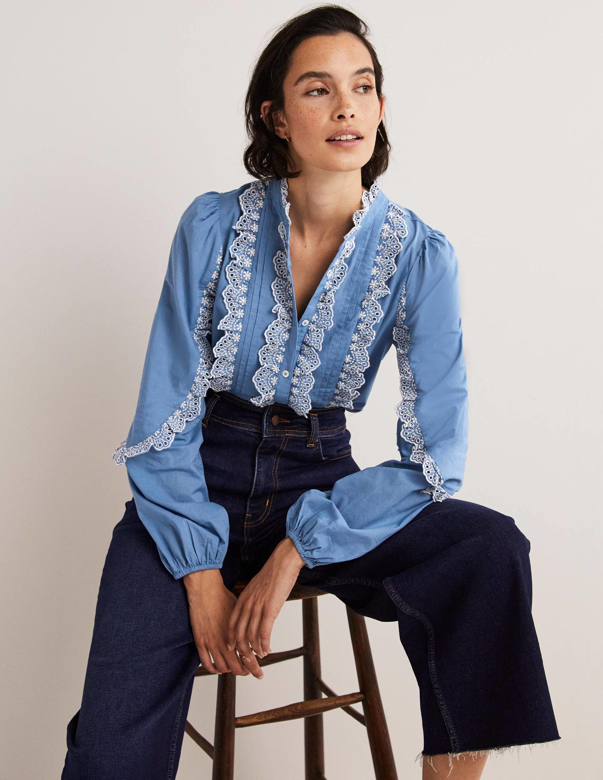 Ruffle Sleeve Broderie Blouse-Riviera Blue-5