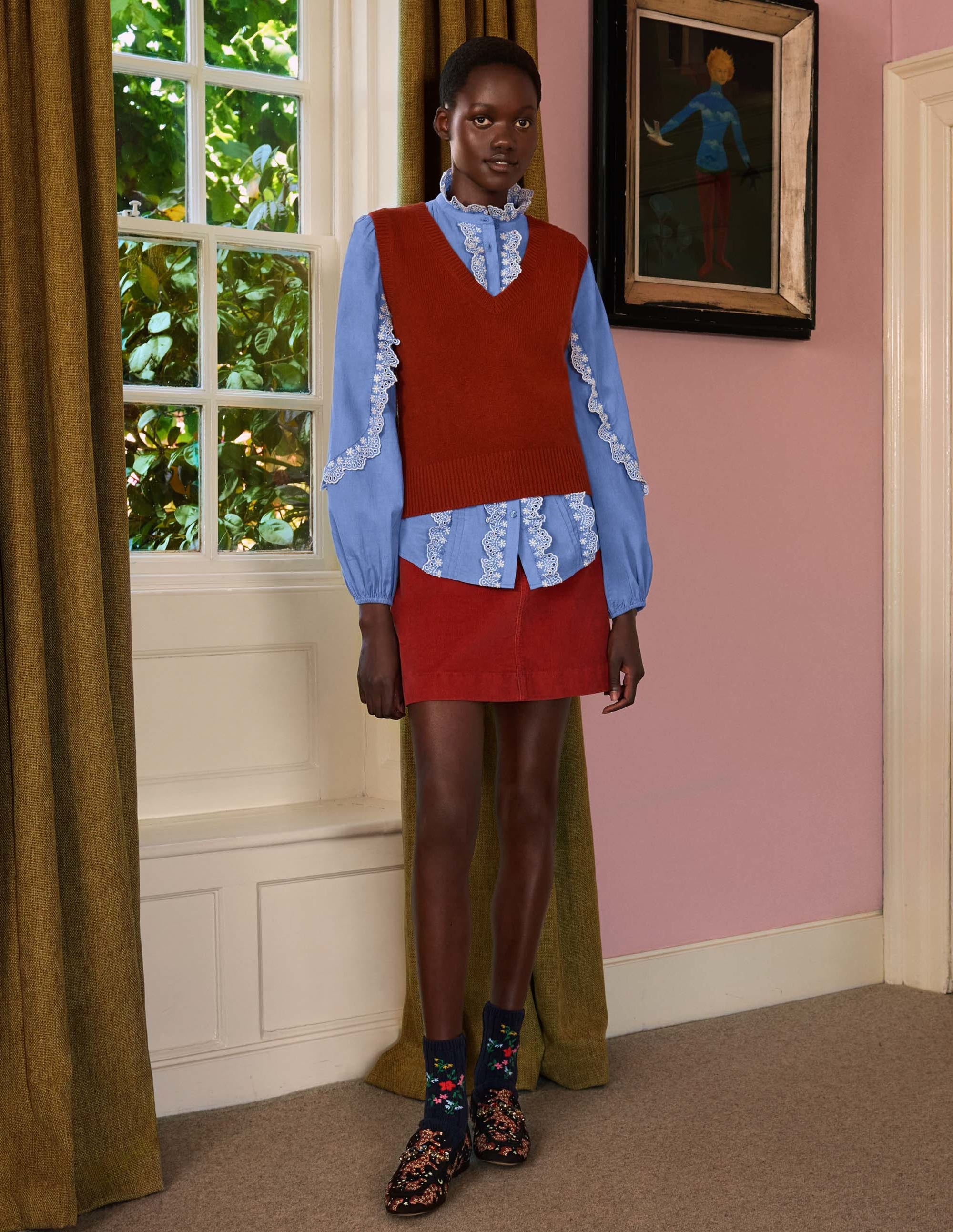 Ruffle Sleeve Broderie Blouse-Riviera Blue - Image 6