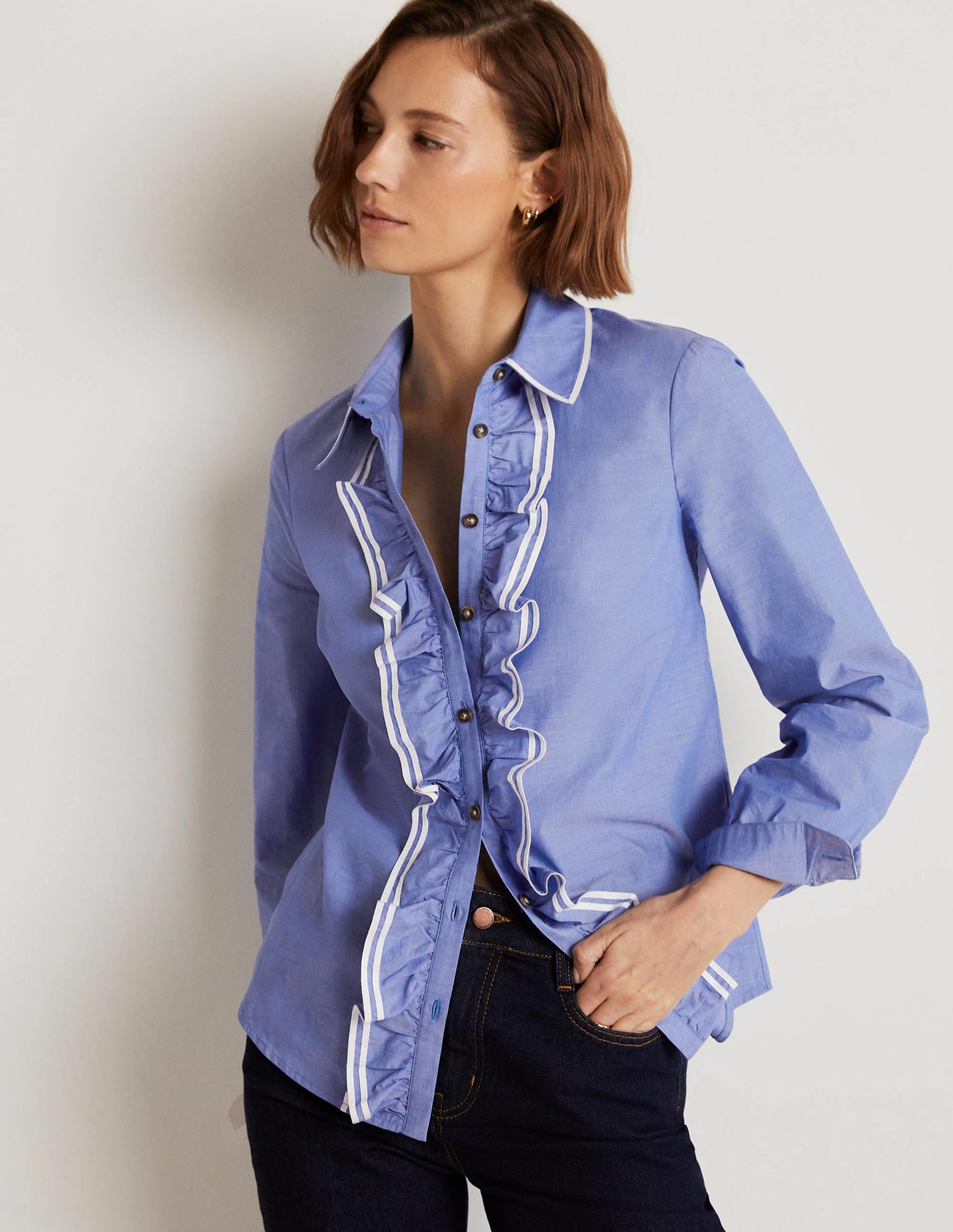 Ruffle Trim Collar Shirt-Chambray-7