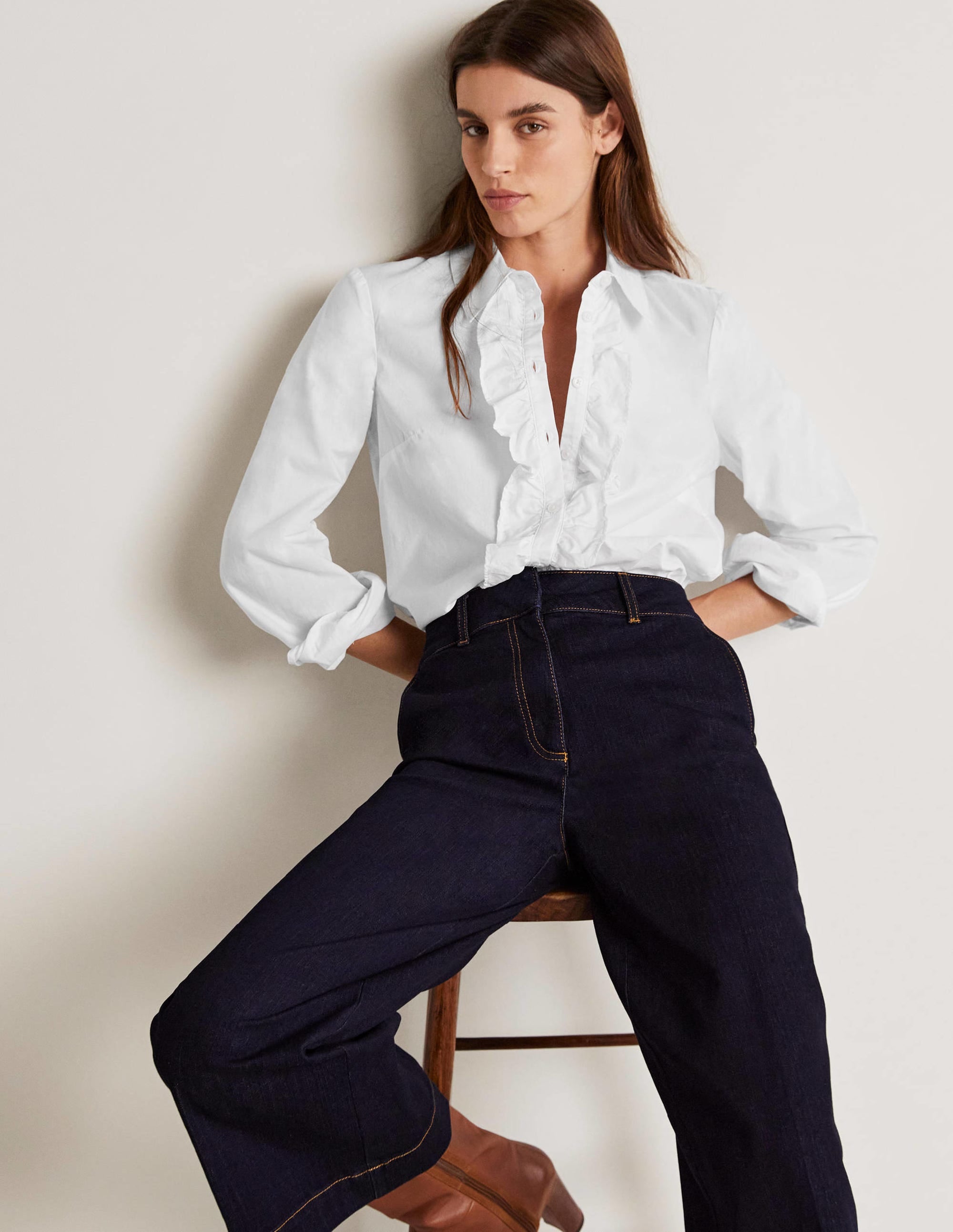 Ruffle Trim Collar Shirt-White - Image 1