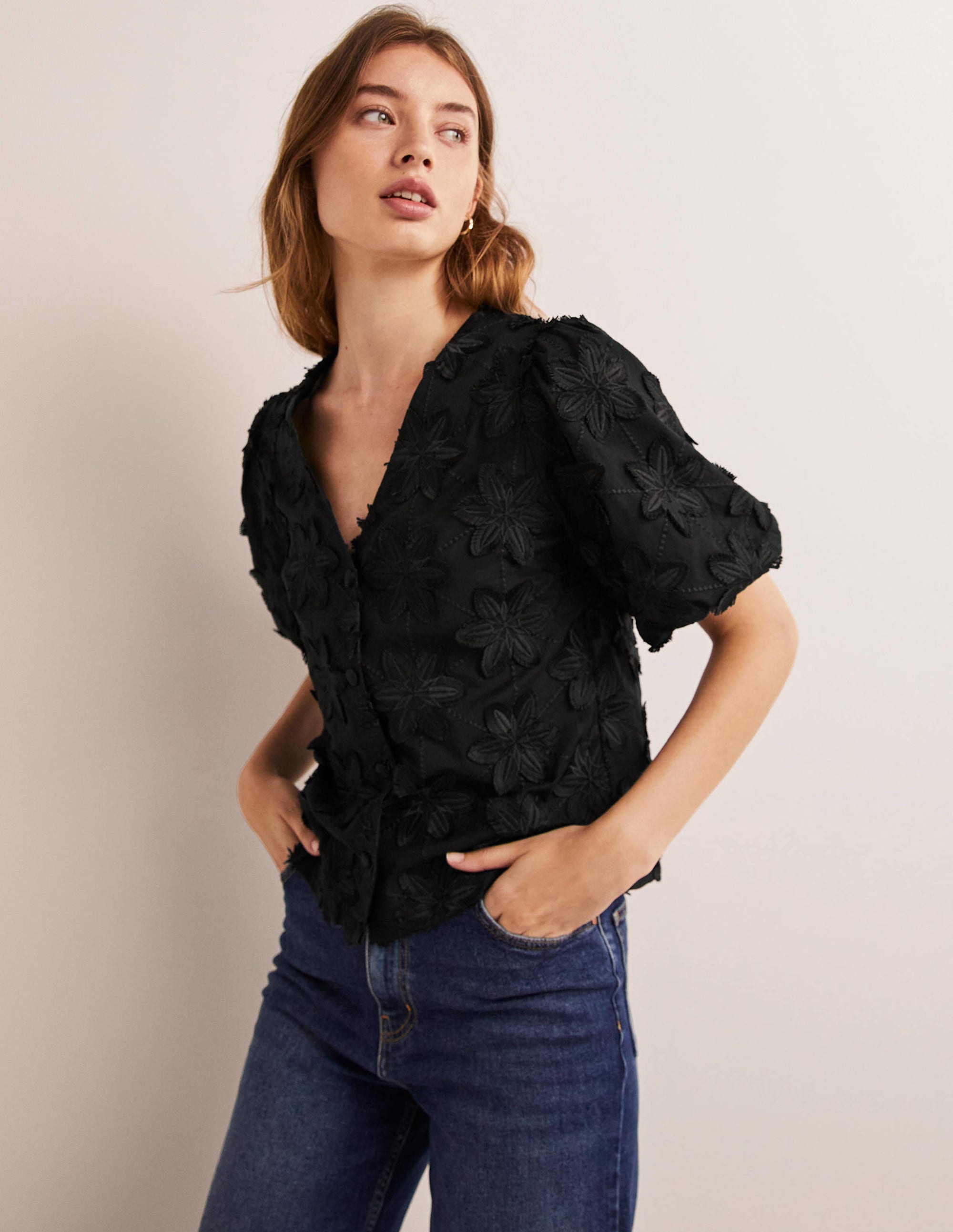 Puff Sleeve Button Blouse-Black - Image 1