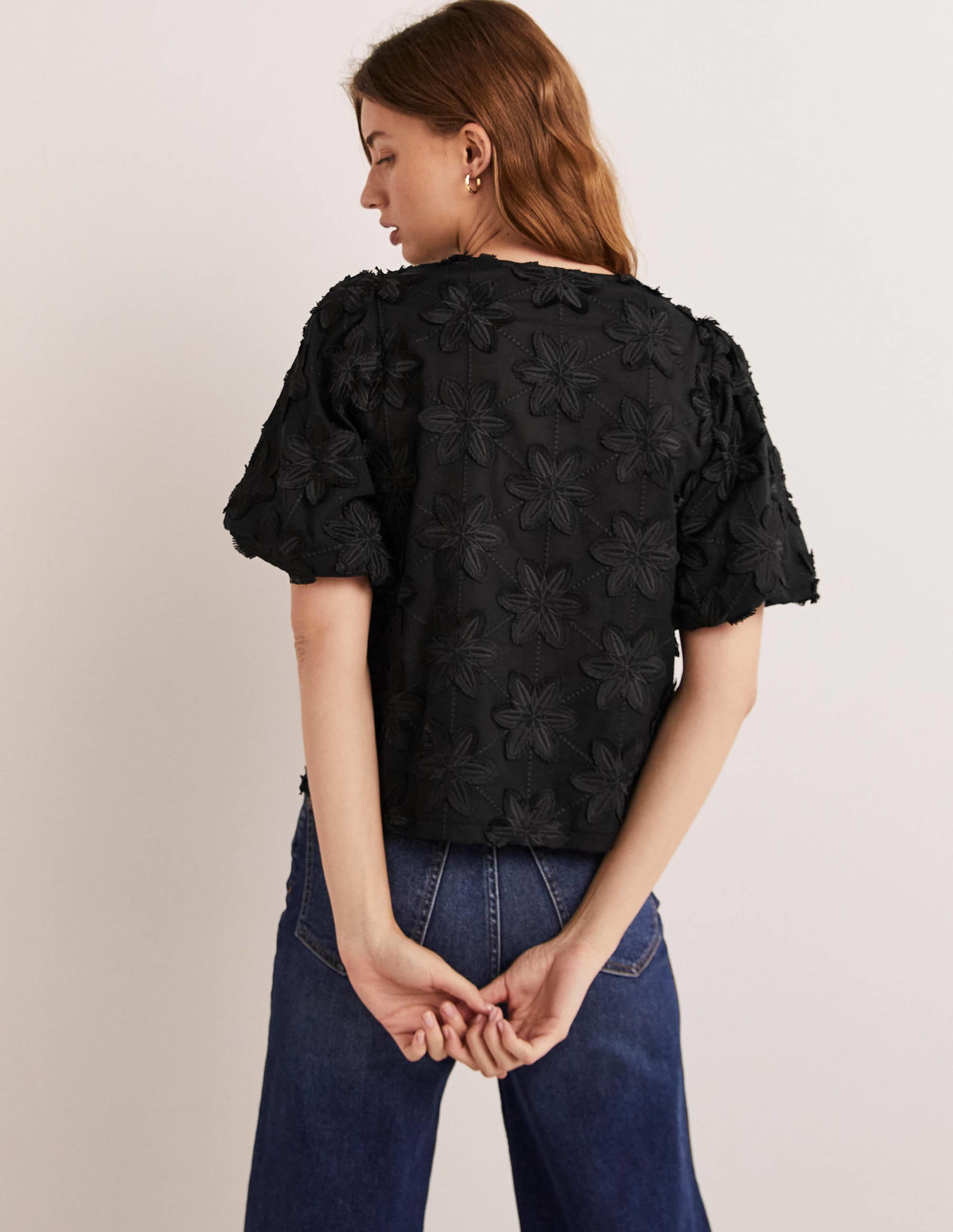 Puff Sleeve Button Blouse-Black - Image 3