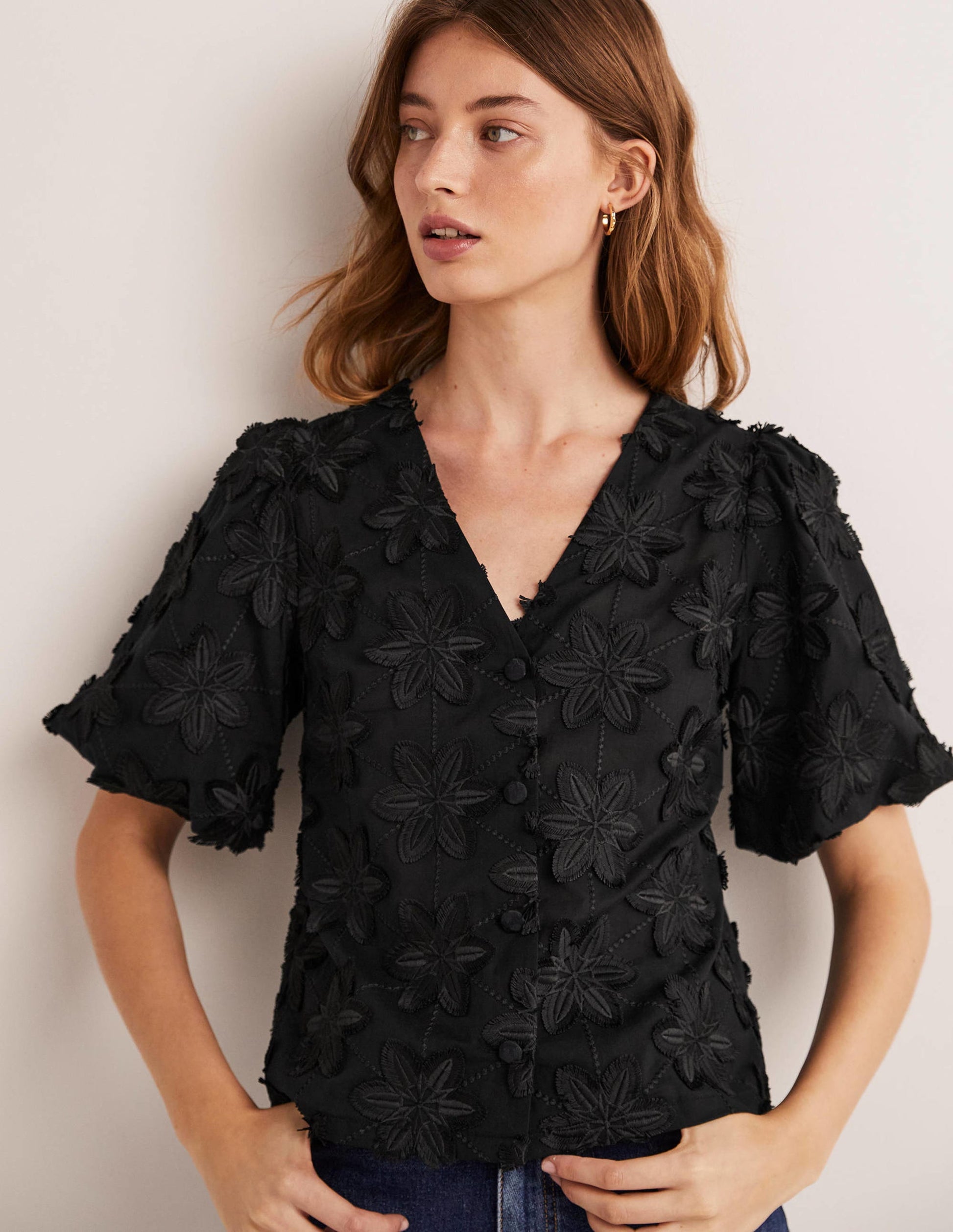 Puff Sleeve Button Blouse-Black-4
