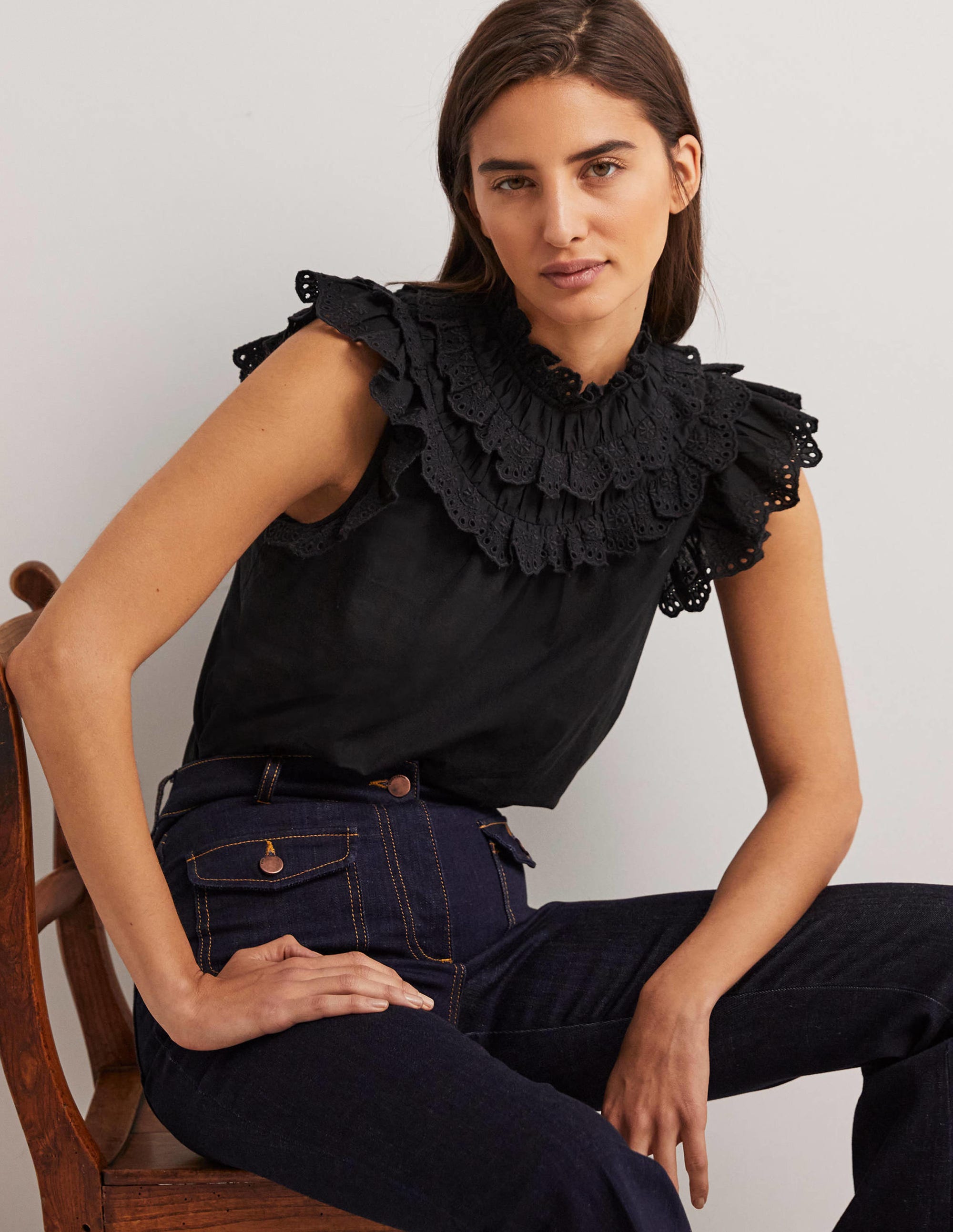 Sleeveless Broderie Top-Black - Image 1