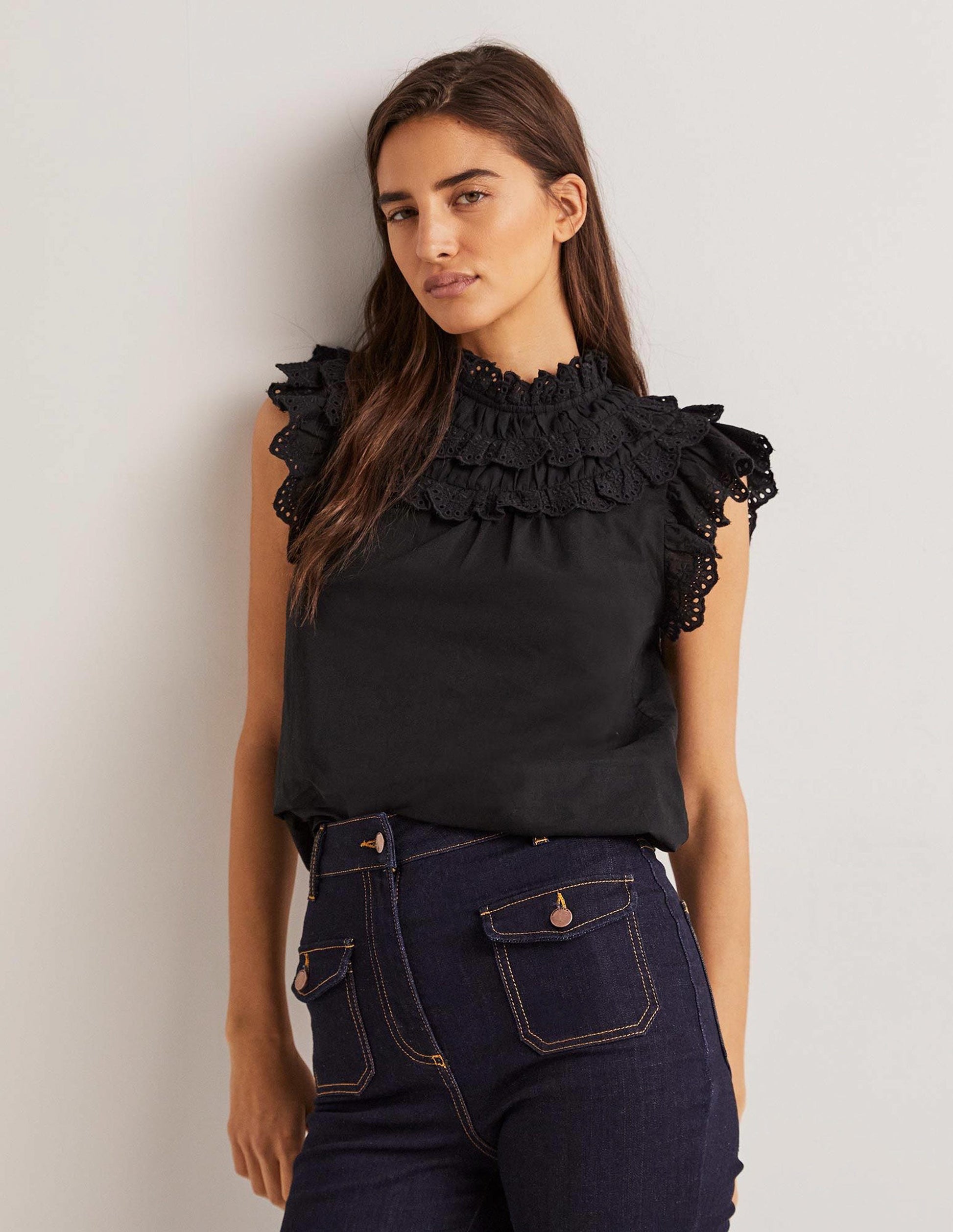 Sleeveless Broderie Top-Black-4