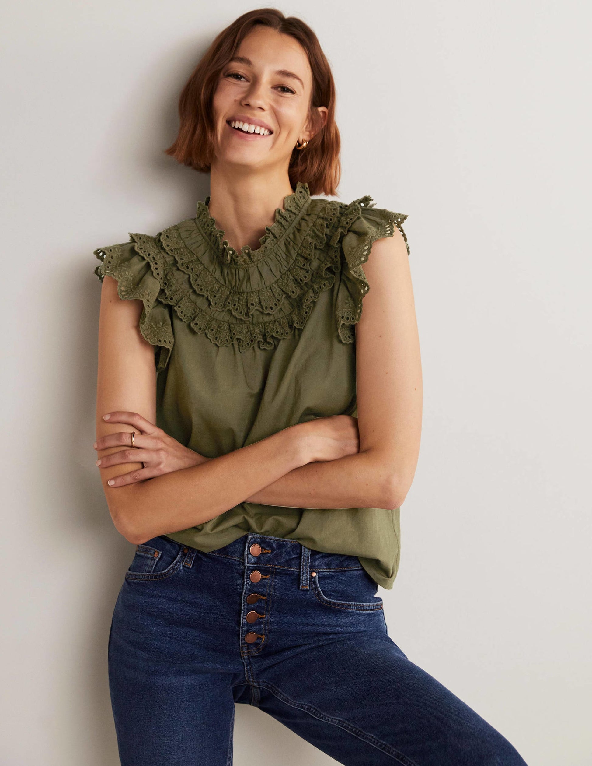 Sleeveless Broderie Top-Basil Green-8