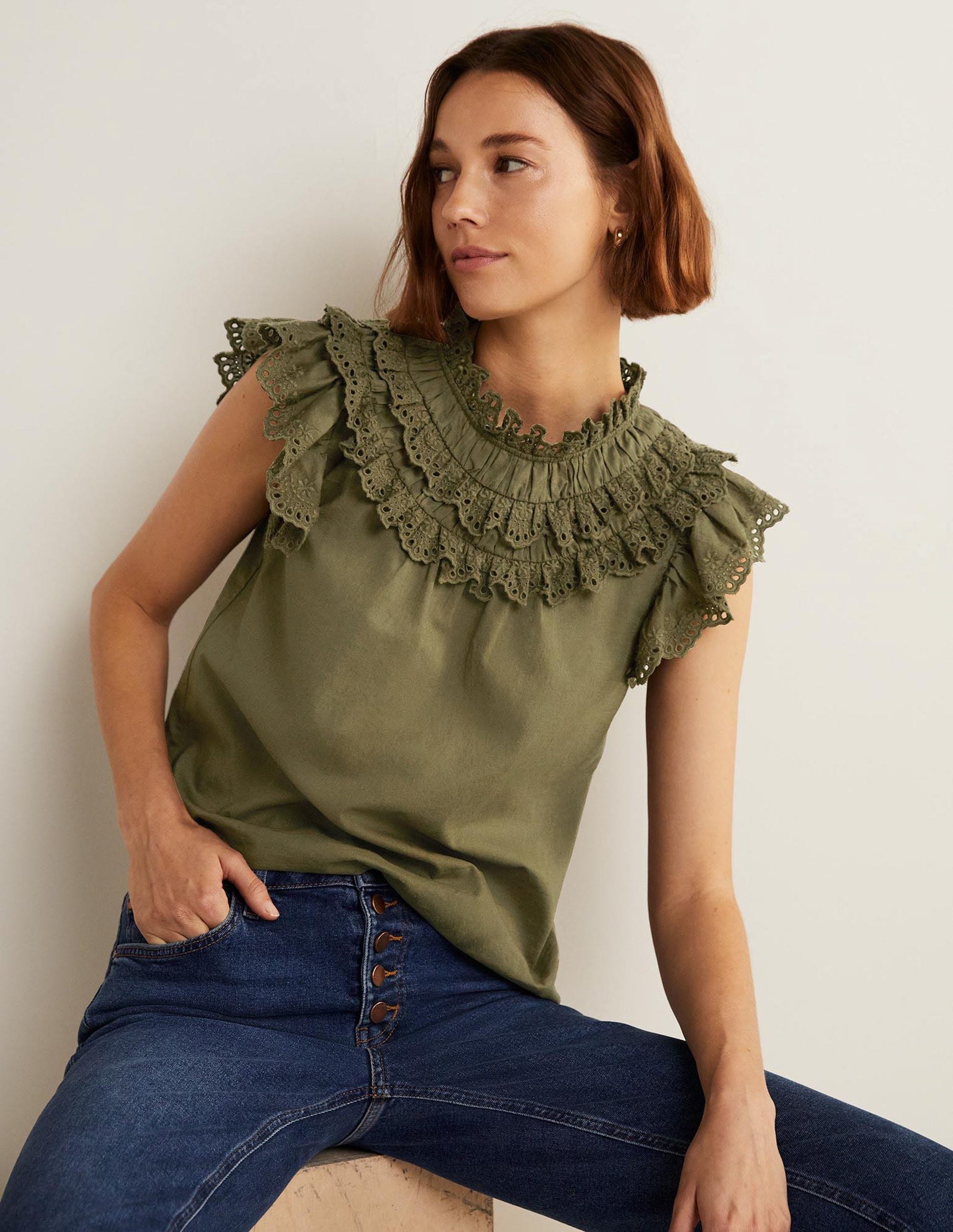 Sleeveless Broderie Top-Basil Green-1