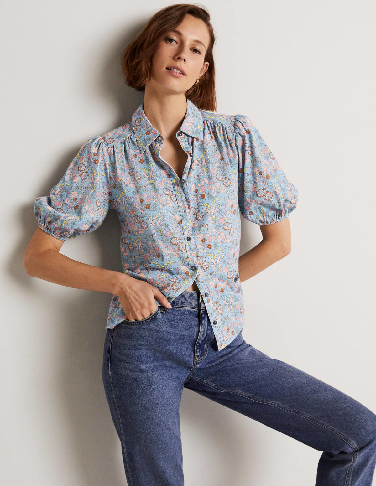 Puff Sleeve Jersey Shirt-Dusty Blue, WIldflower-5