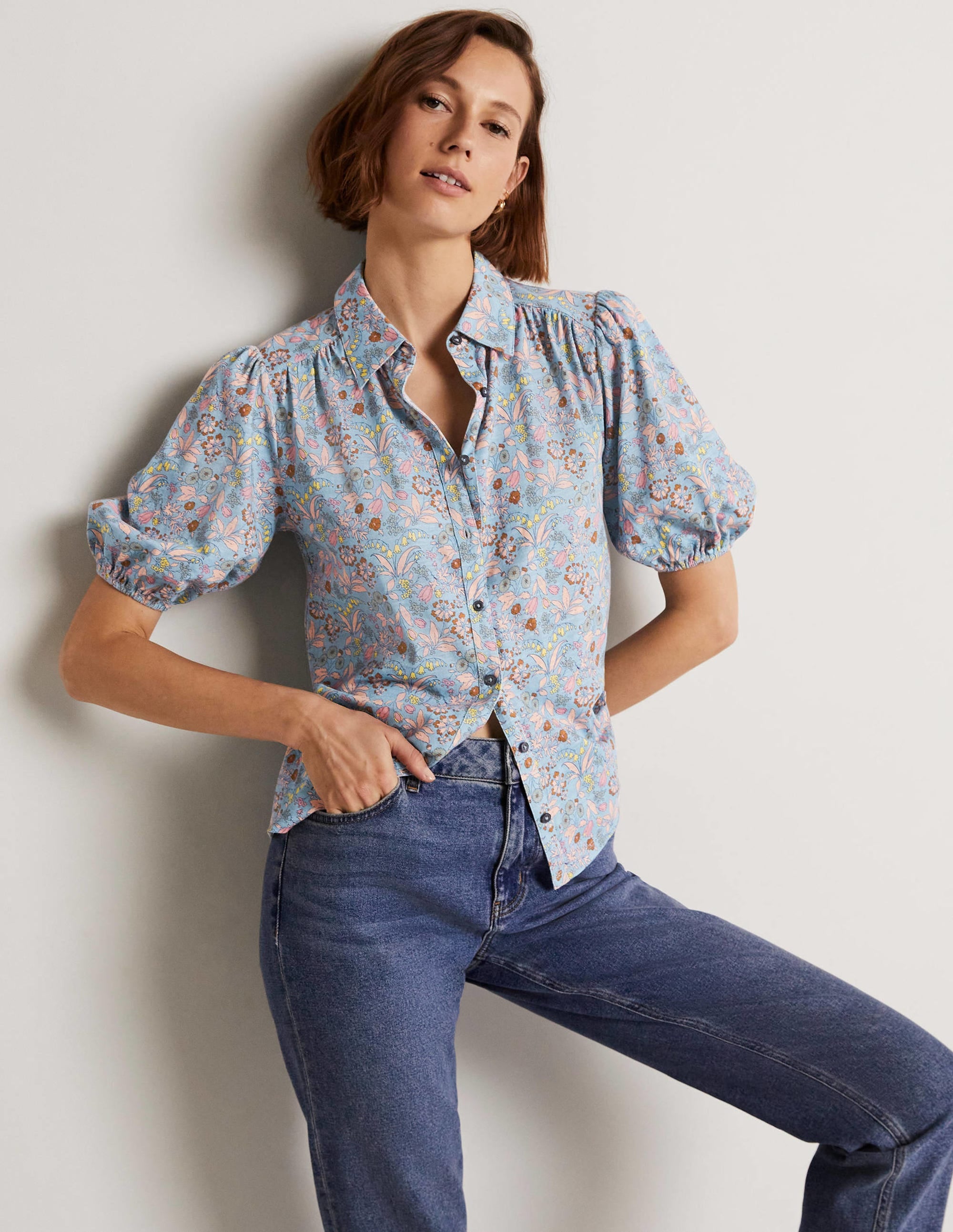 Puff Sleeve Jersey Shirt-Dusty Blue, WIldflower - Image 5