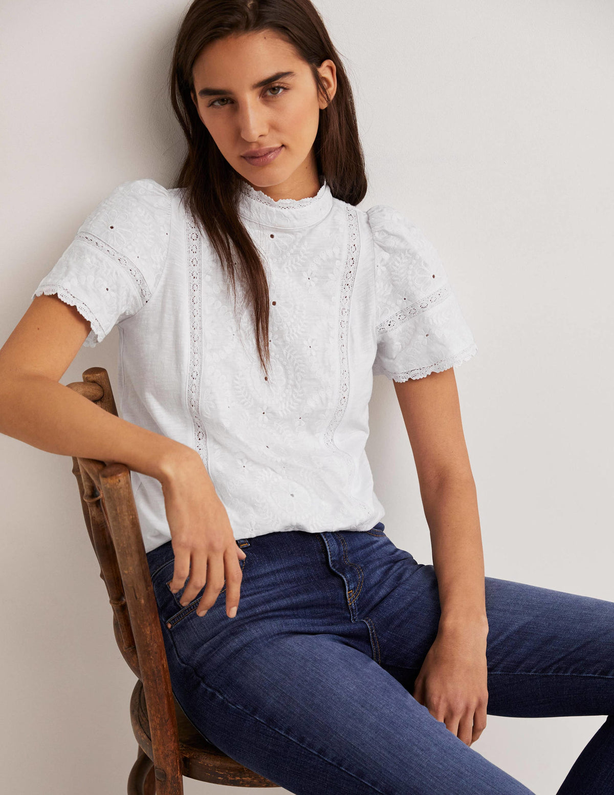 Broderie High Neck Jersey Top-White - Image 1