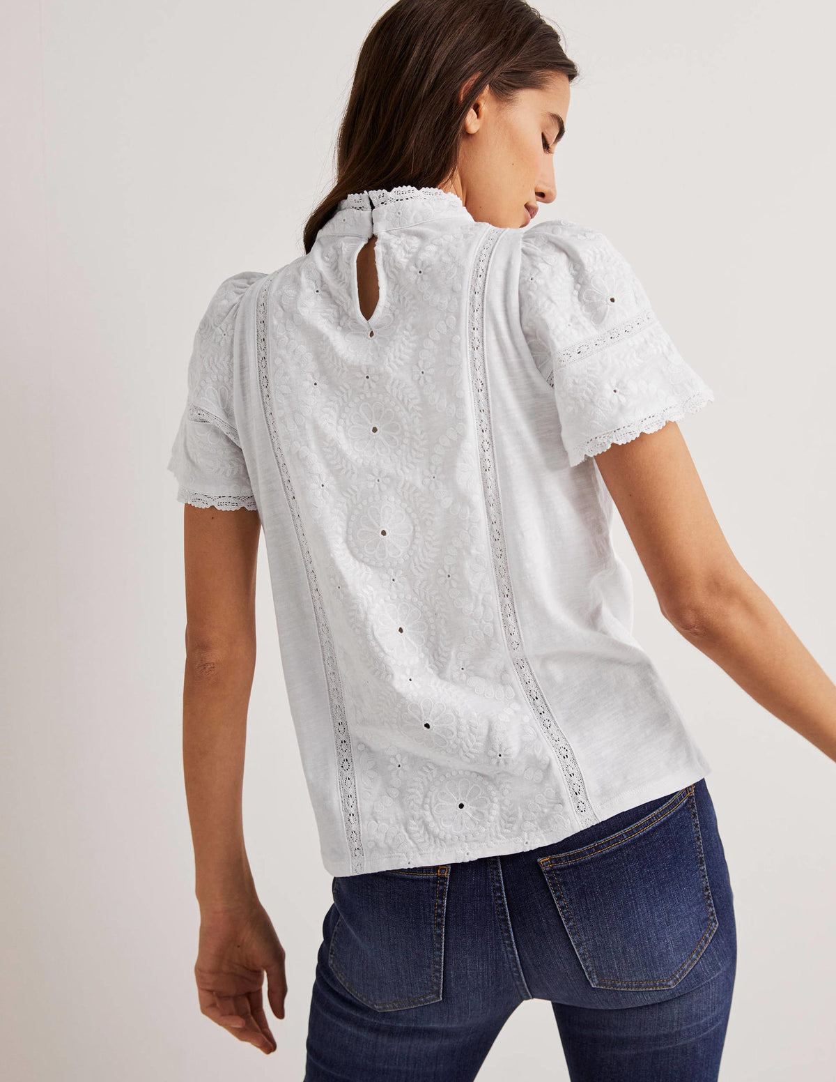 Broderie High Neck Jersey Top-White-3