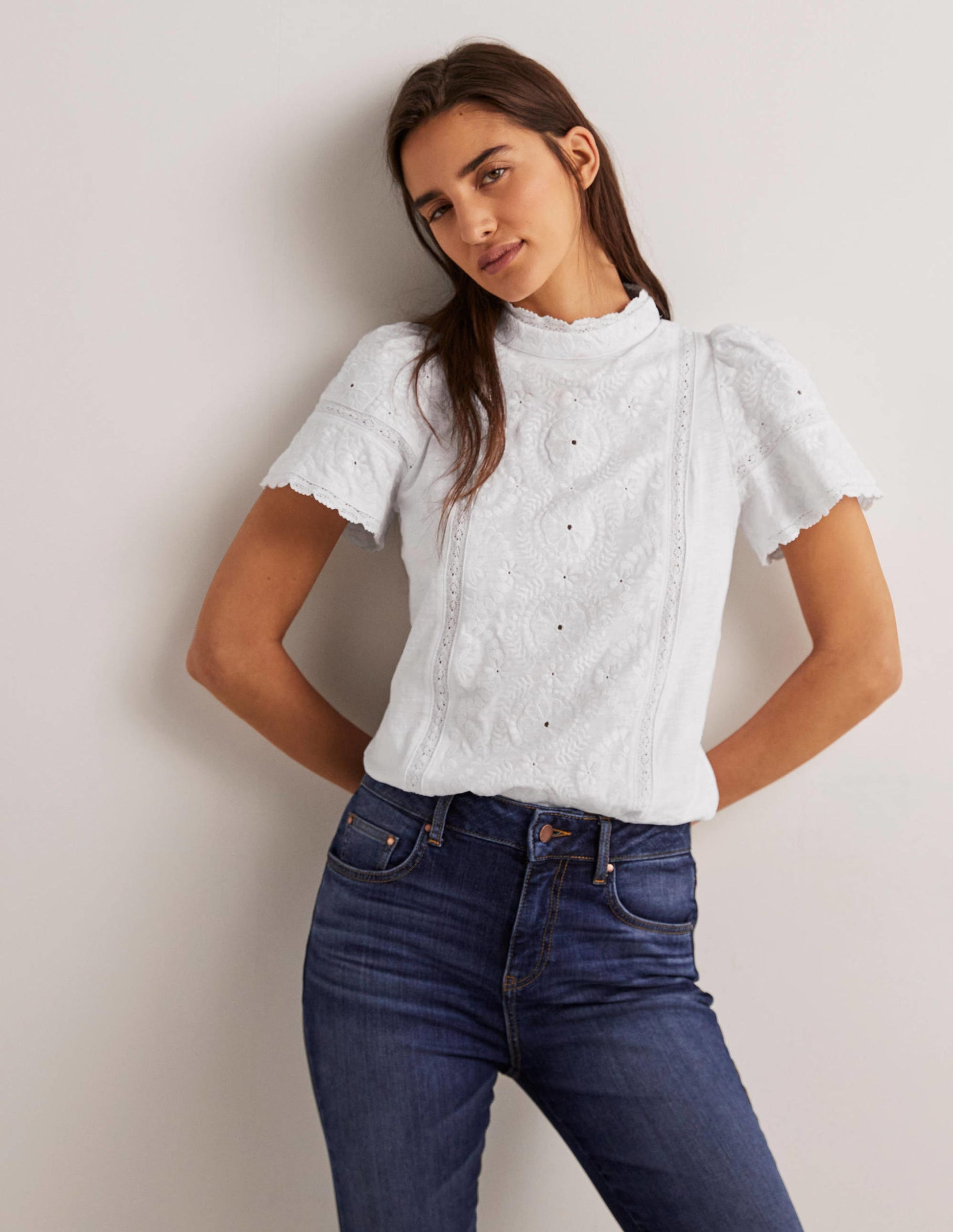 Broderie High Neck Jersey Top-White-4
