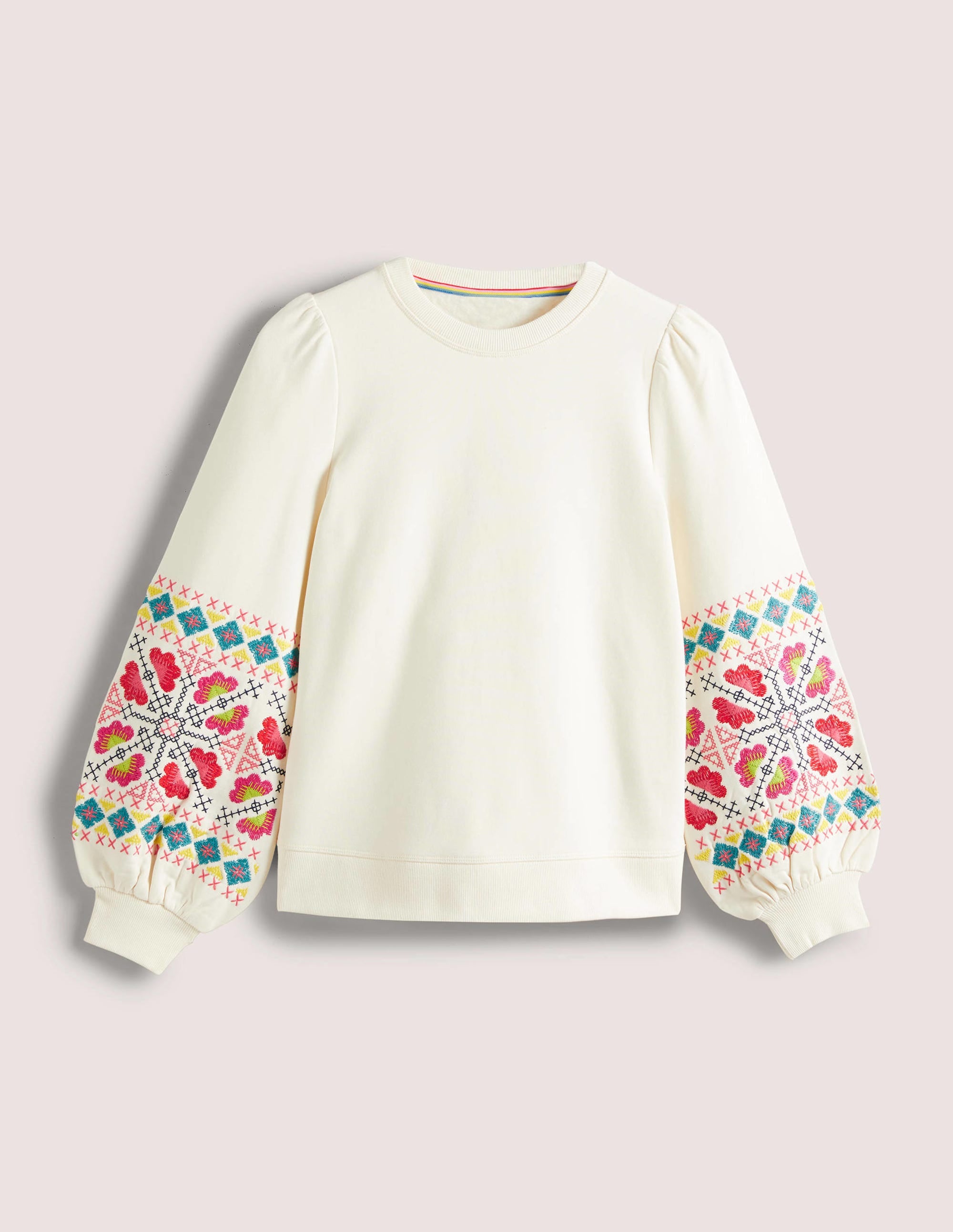 Blouson Sleeve Sweatshirt-Ivory, Multi Embroidery - Image 5