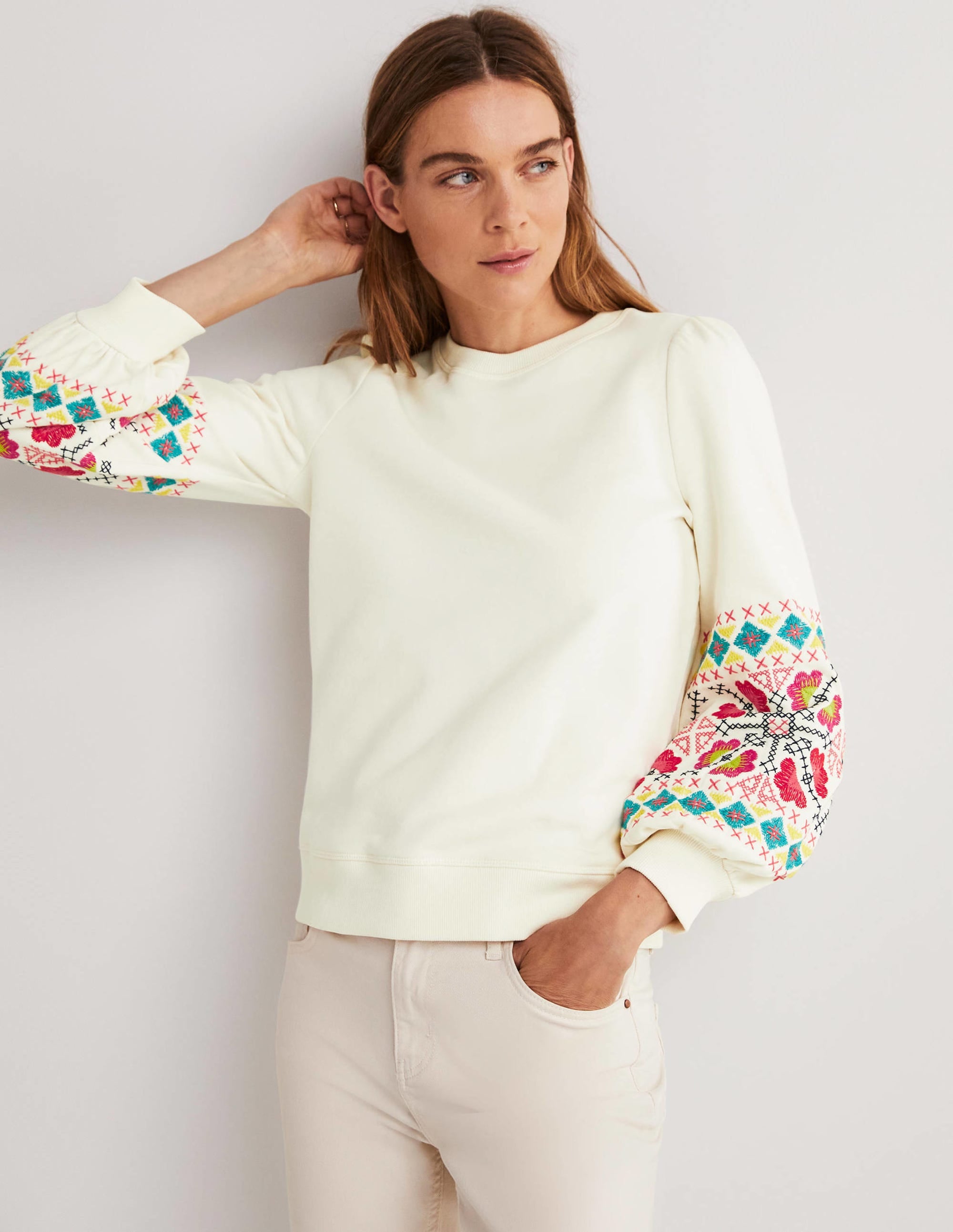 Blouson Sleeve Sweatshirt-Ivory, Multi Embroidery - Image 1