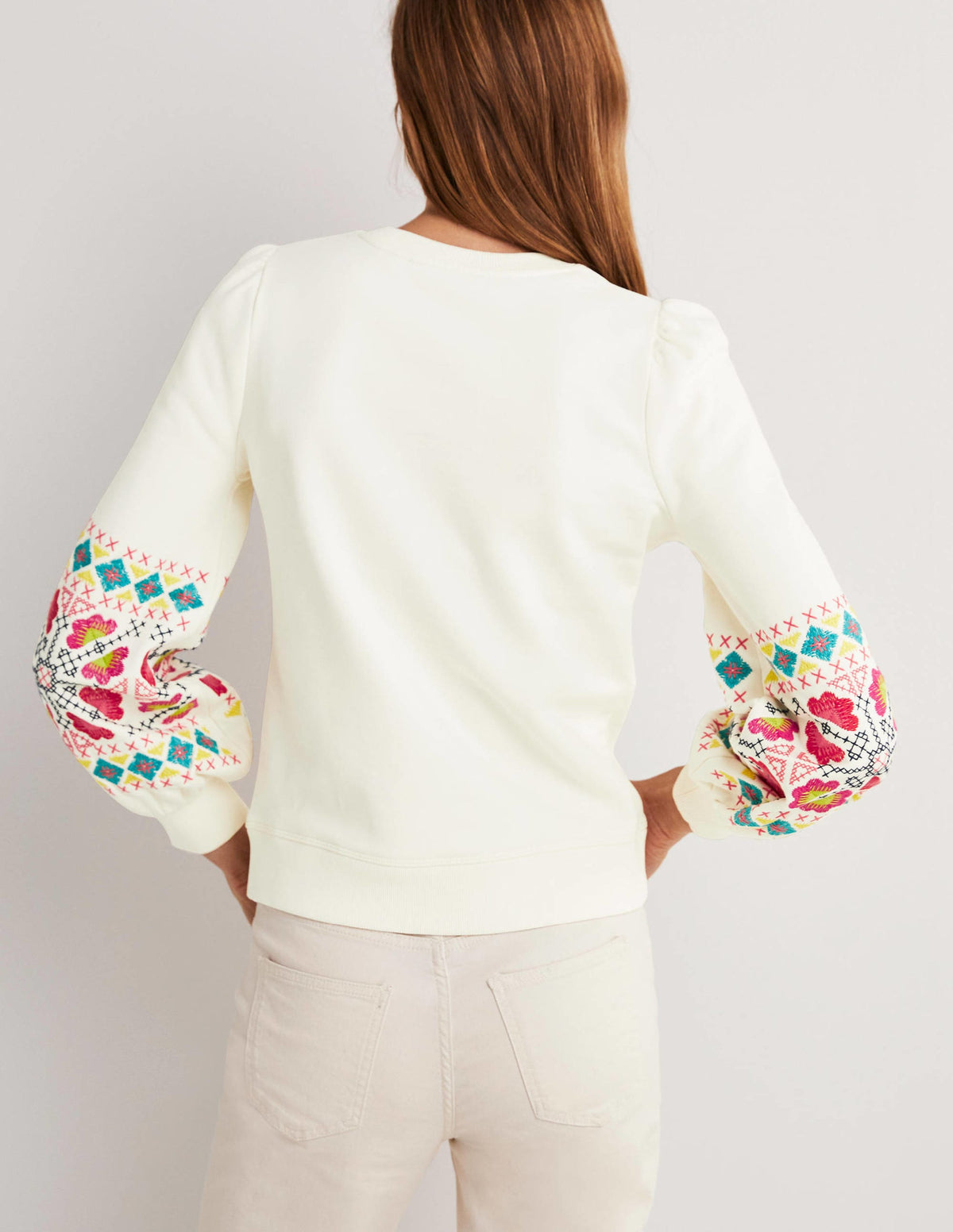 Blouson Sleeve Sweatshirt-Ivory, Multi Embroidery - Image 3