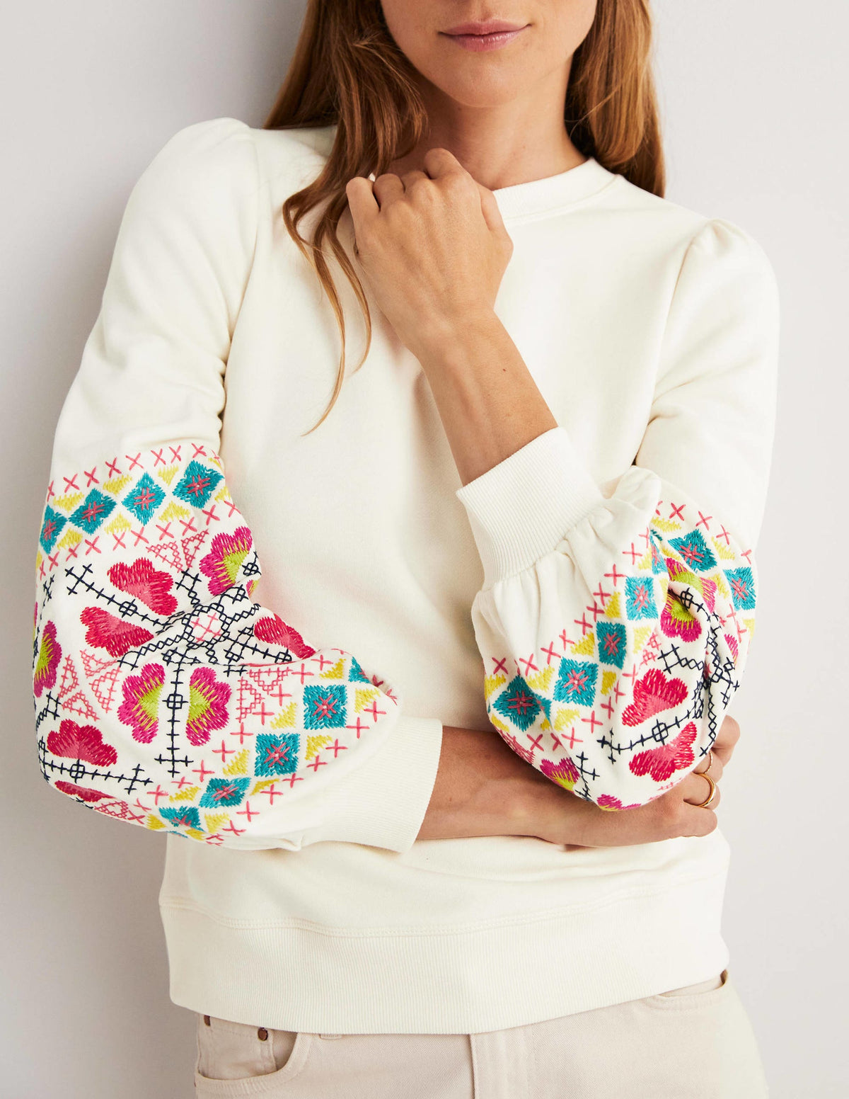 Blouson Sleeve Sweatshirt-Ivory, Multi Embroidery - Image 4