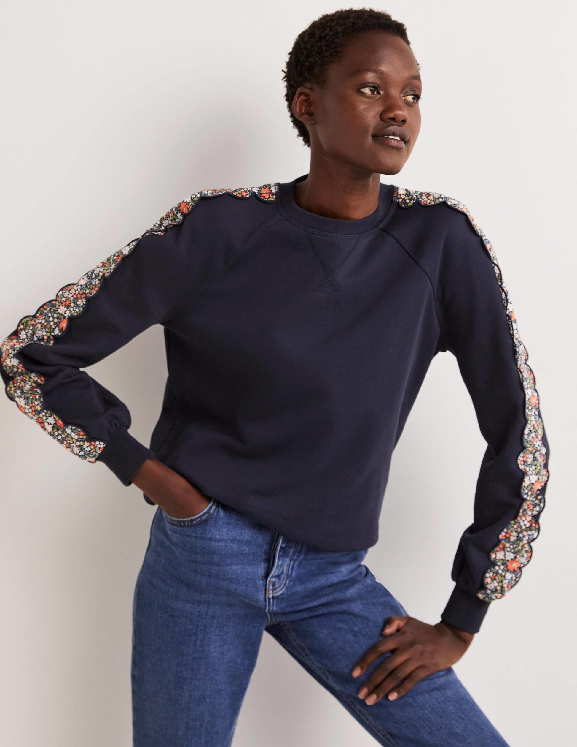 Scallop Detail Sweatshirt-French Navy, Abstract Ditsy-1