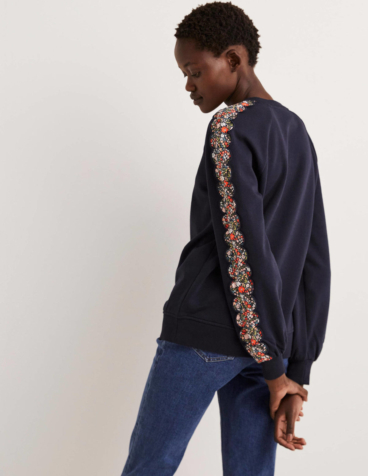 Scallop Detail Sweatshirt-French Navy, Abstract Ditsy-3