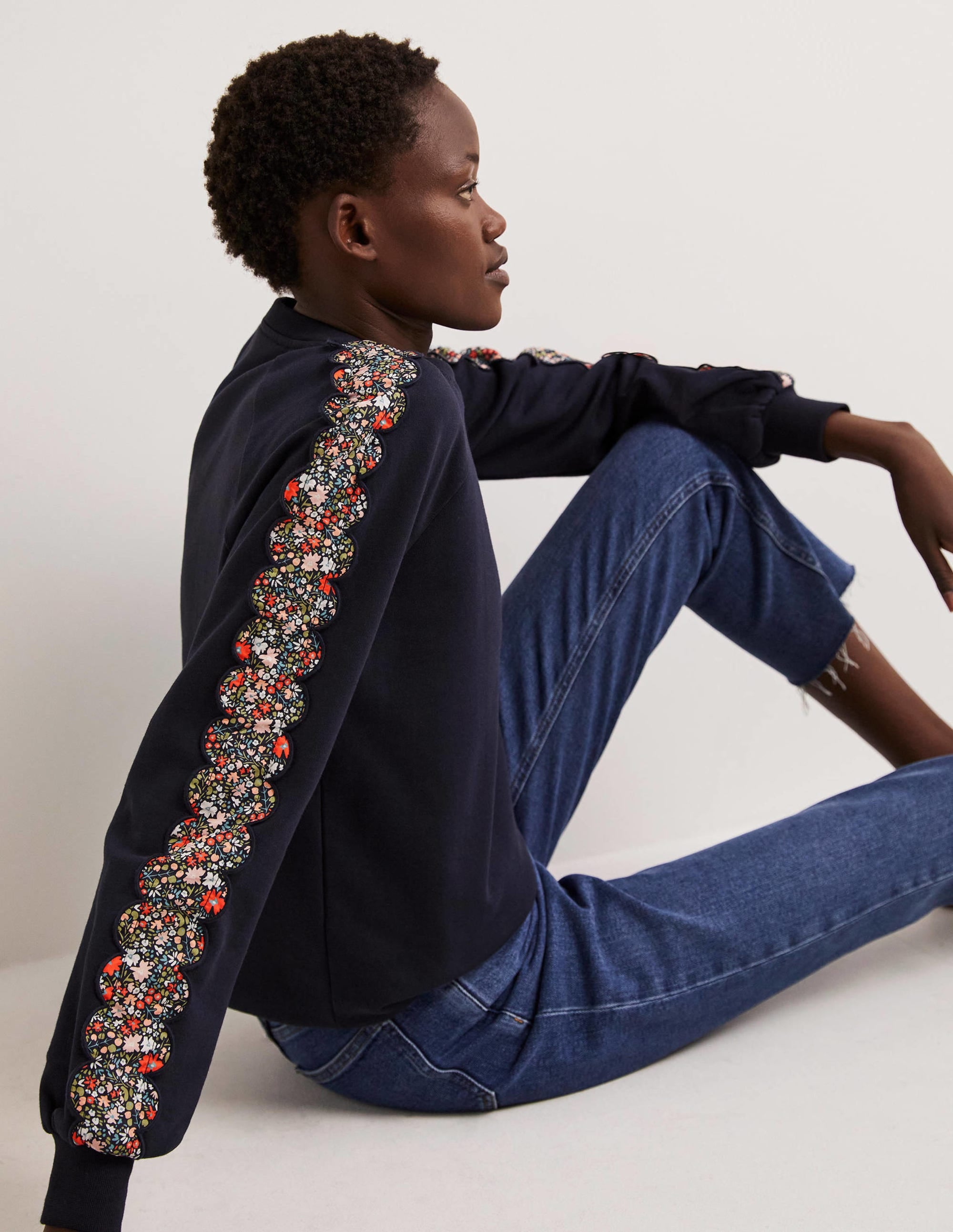 Scallop Detail Sweatshirt-French Navy, Abstract Ditsy - Image 4