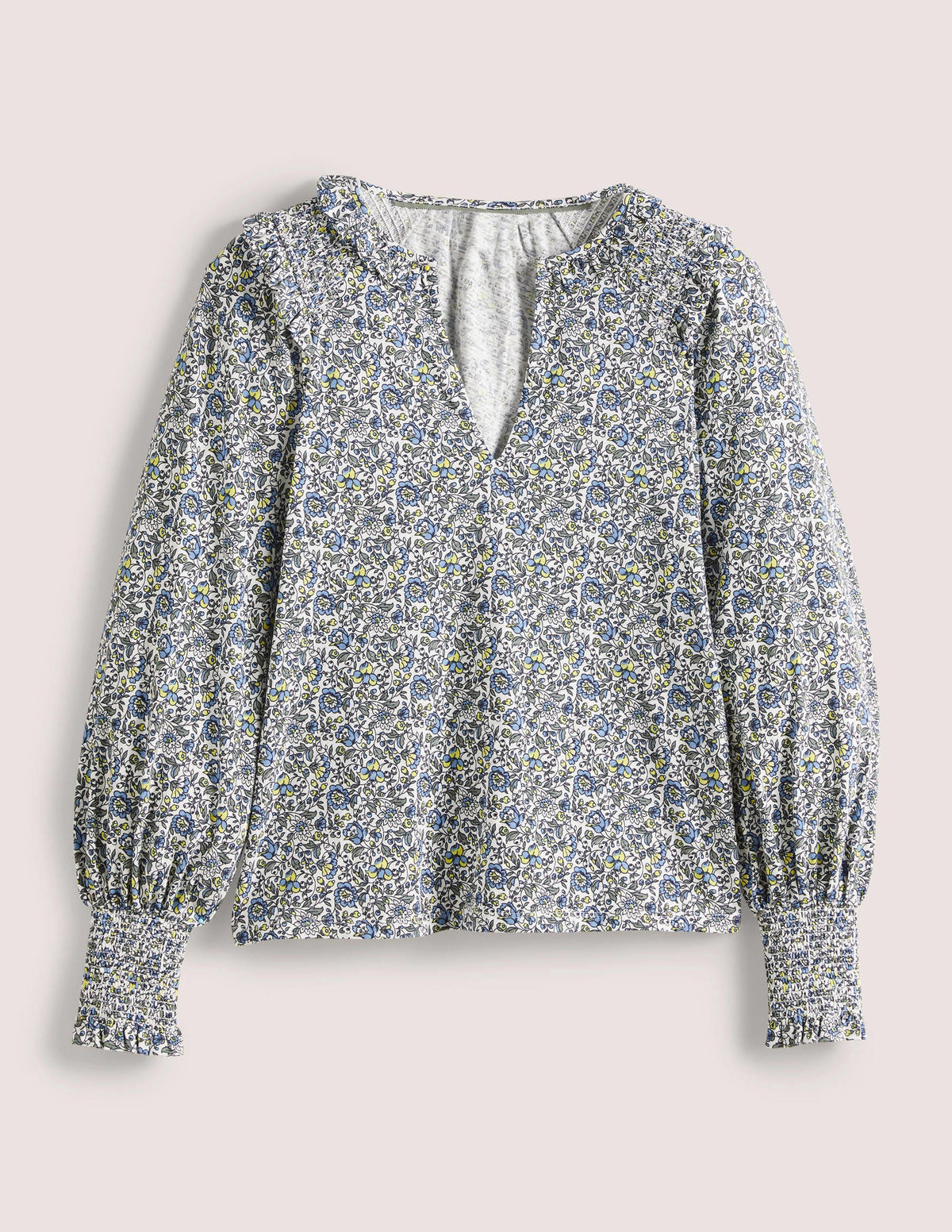Notch Neck Smocked Frill Top-Ivory, Botanic Meadow-6