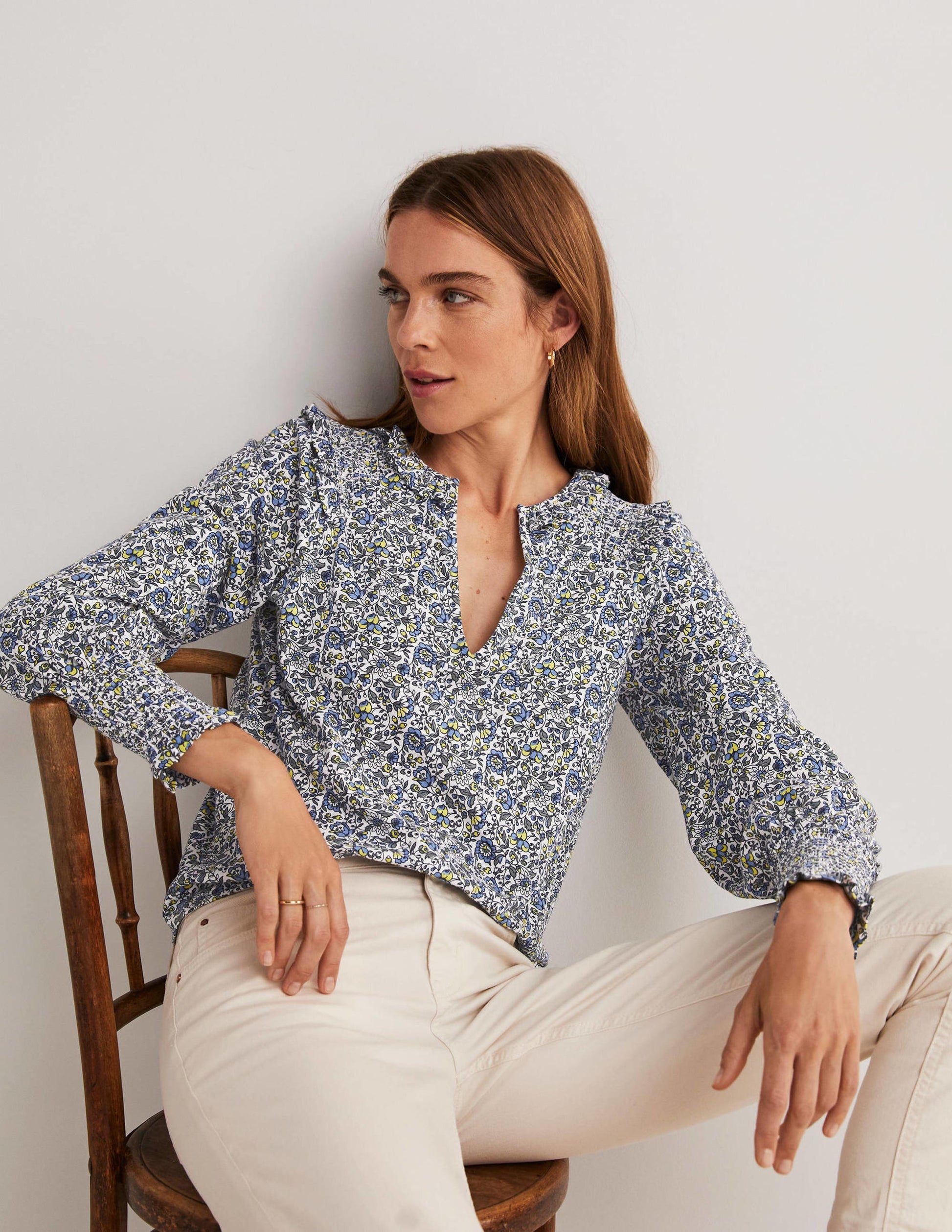 Notch Neck Smocked Frill Top-Ivory, Botanic Meadow-1