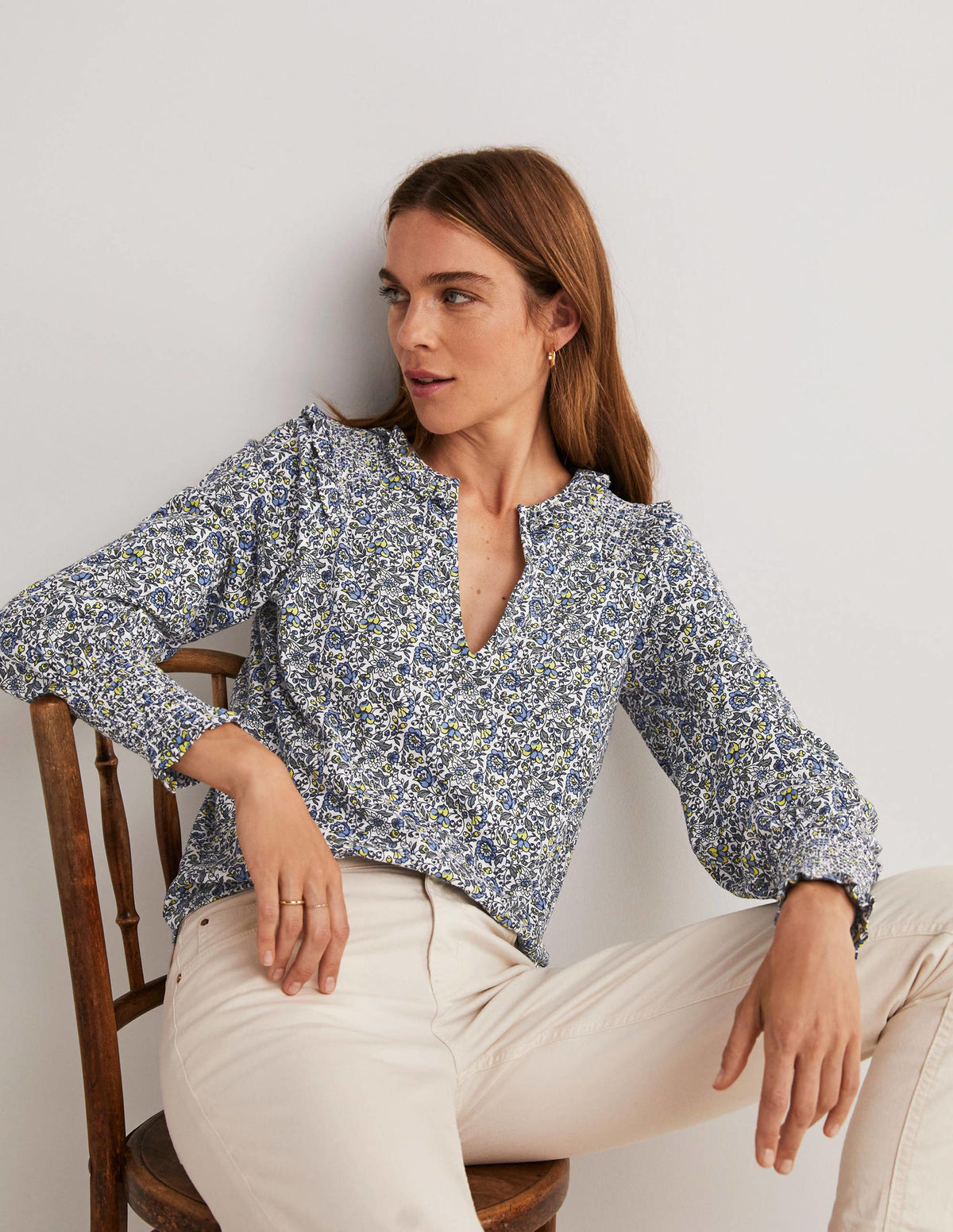Notch Neck Smocked Frill Top-Ivory, Botanic Meadow - Image 1
