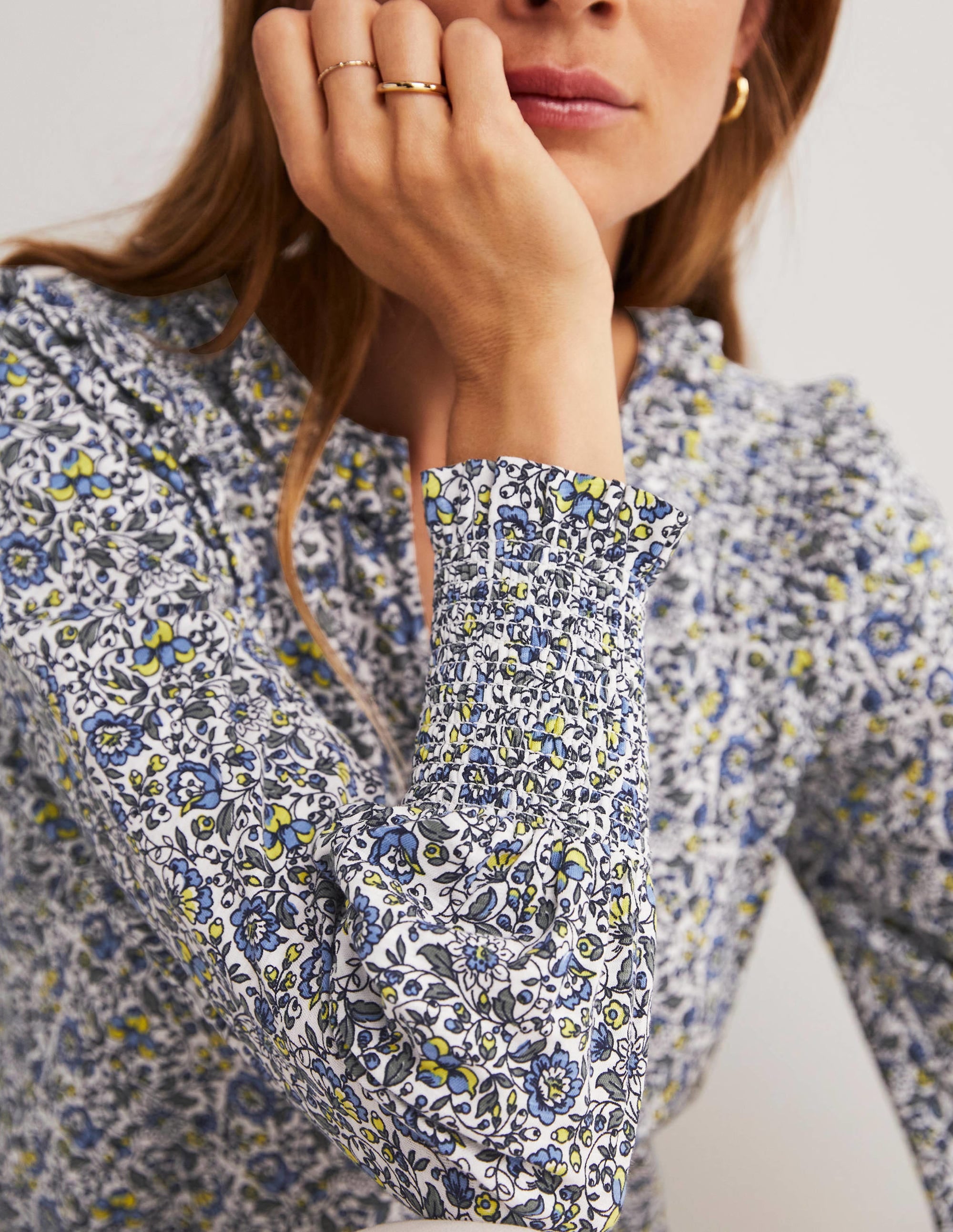 Notch Neck Smocked Frill Top-Ivory, Botanic Meadow - Image 2