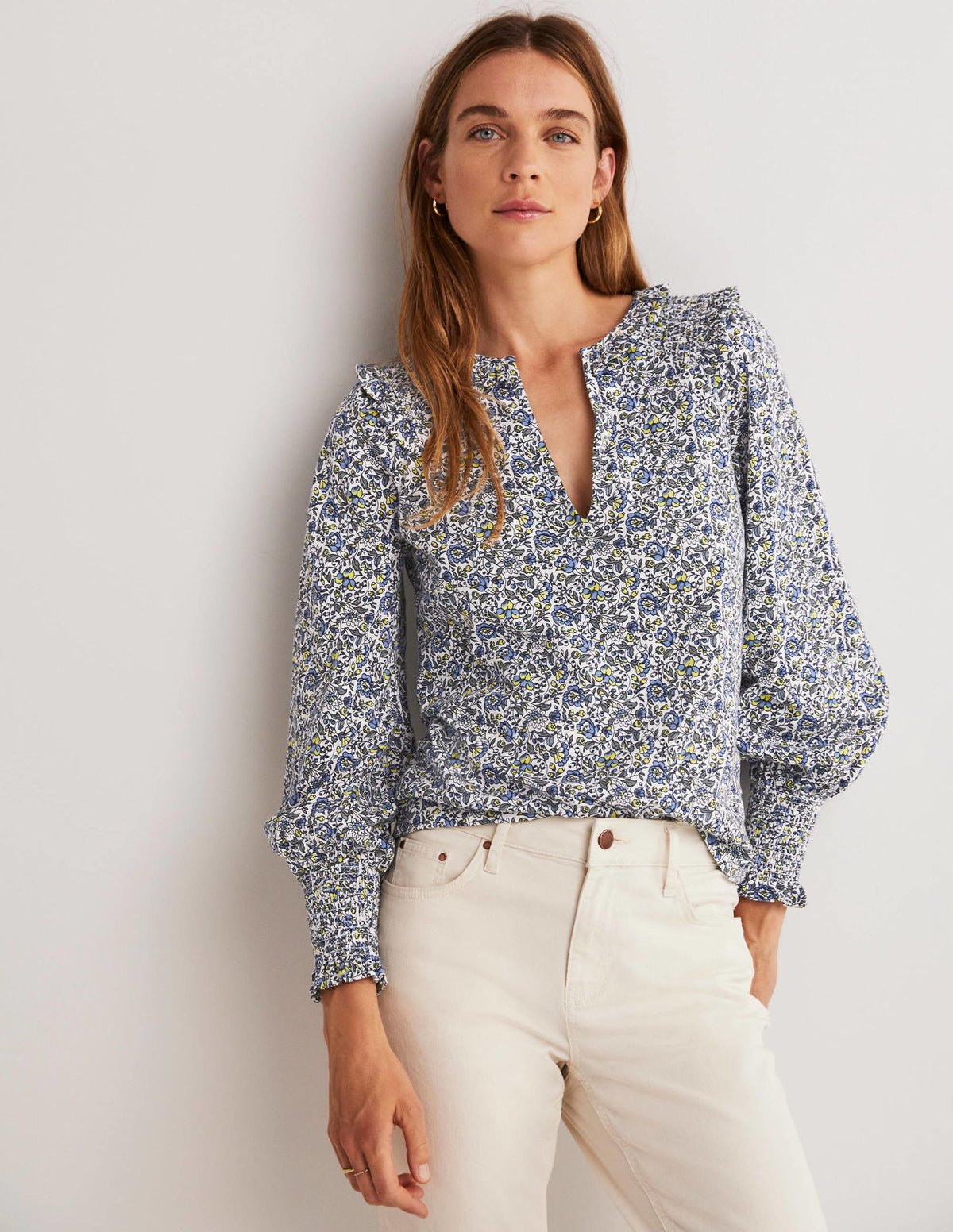 Notch Neck Smocked Frill Top-Ivory, Botanic Meadow-4