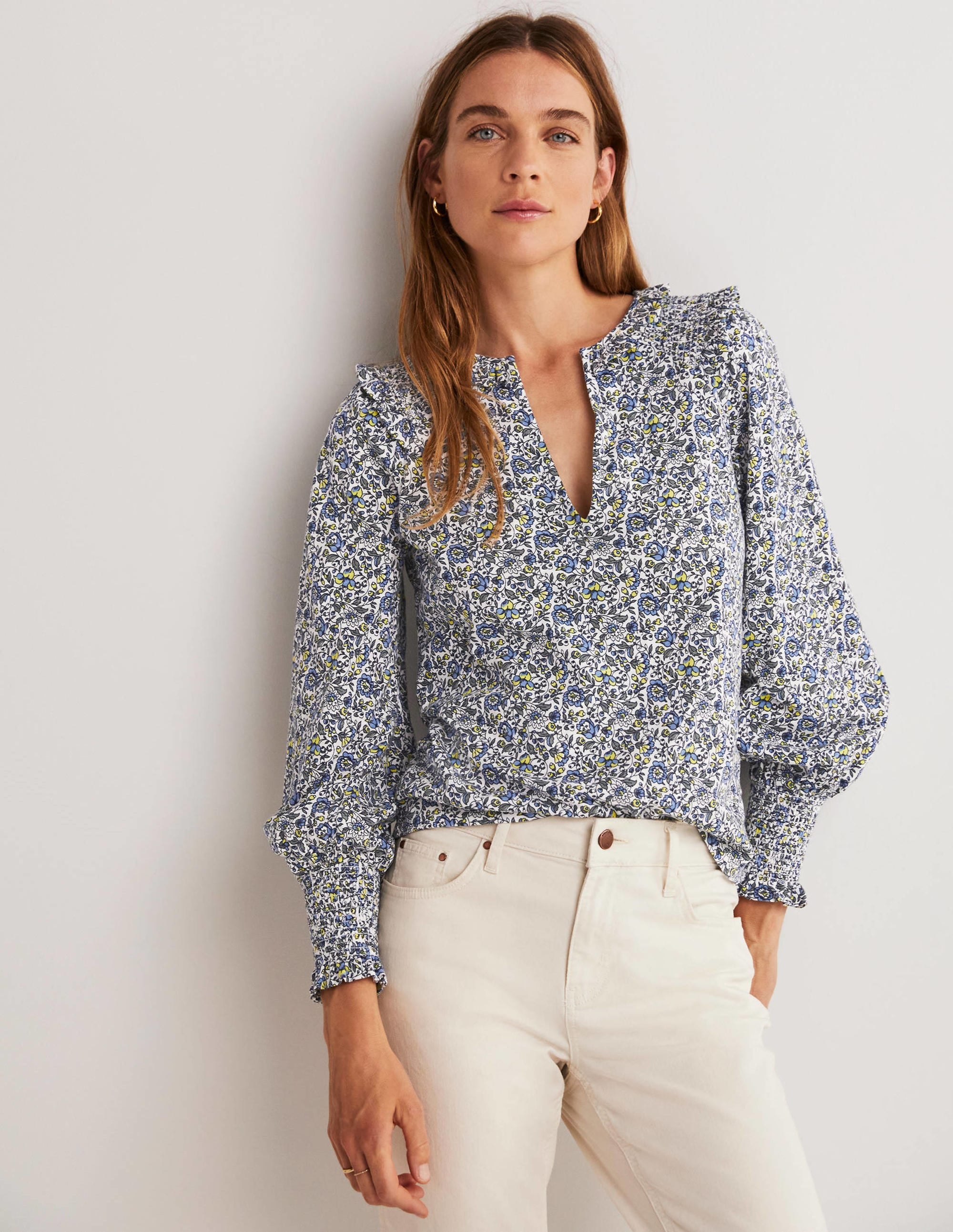 Notch Neck Smocked Frill Top-Ivory, Botanic Meadow - Image 4